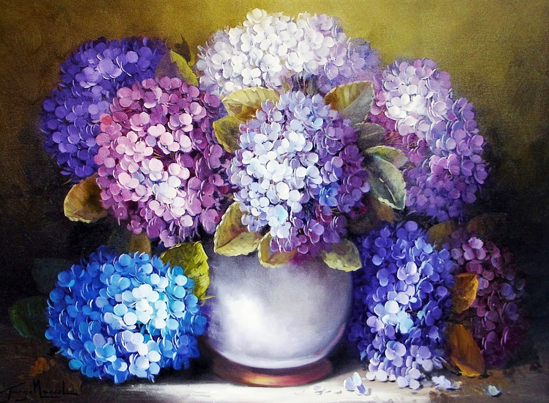 Descarga gratis la imagen Pintura, Artístico, Hortensia, Flor Purpura, Bodegón, Flor Azul en el escritorio de tu PC