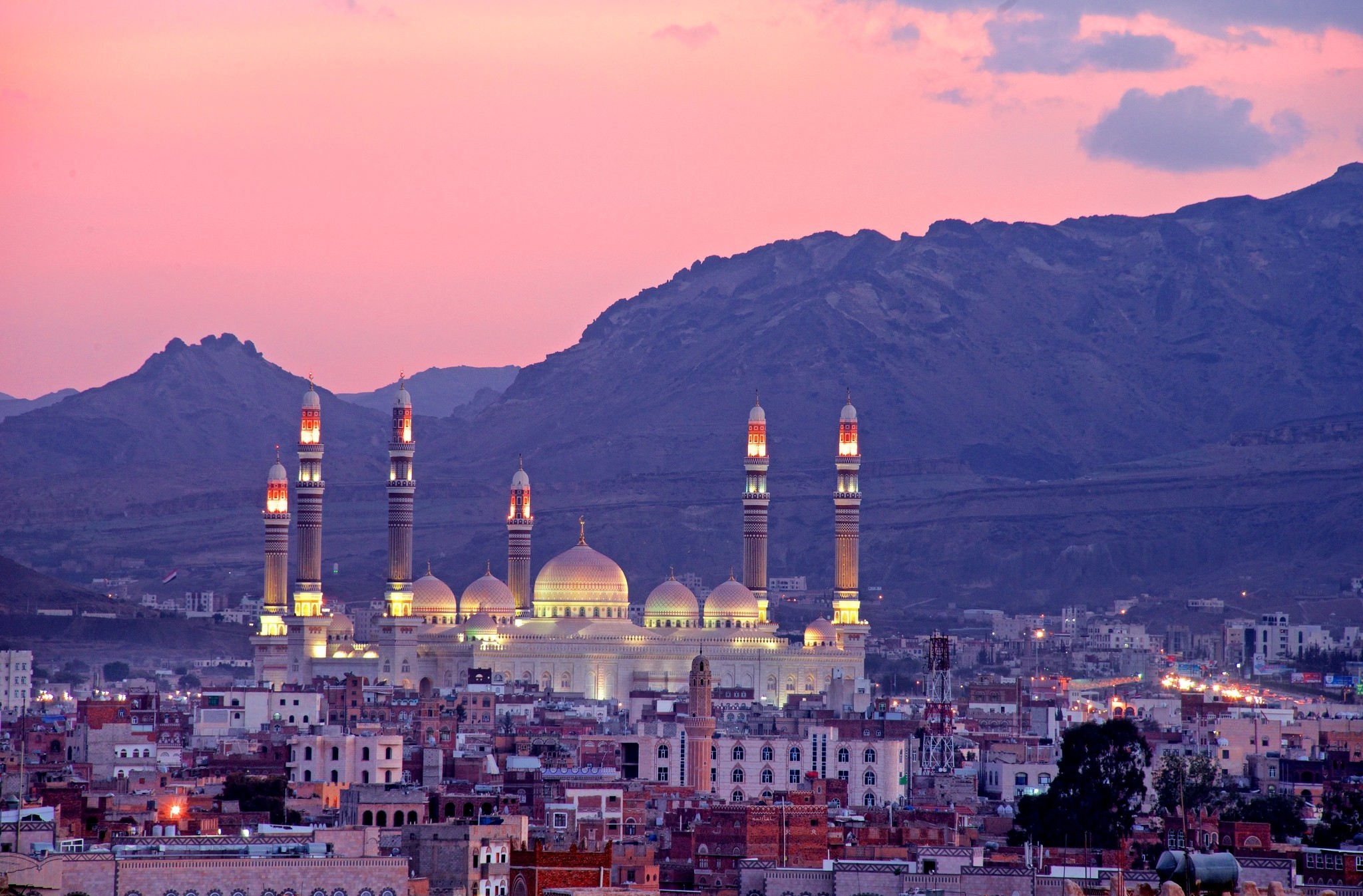 1488979 скачать обои сделано человеком, сана, мечеть аль салех, закат солнца, йемен - заставки и картинки бесплатно