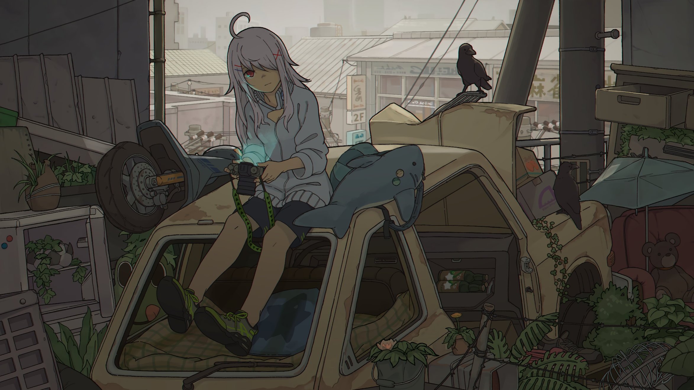 girl, anime, camera, crow, post apocalyptic, red eyes, sneakers, white hair