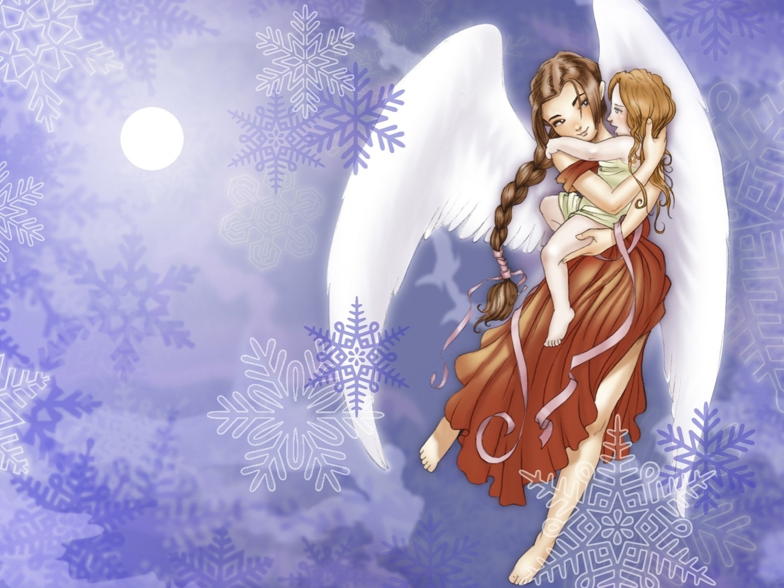 Laden Sie das Fantasie, Engel, Mond, Schnee, Kind-Bild kostenlos auf Ihren PC-Desktop herunter