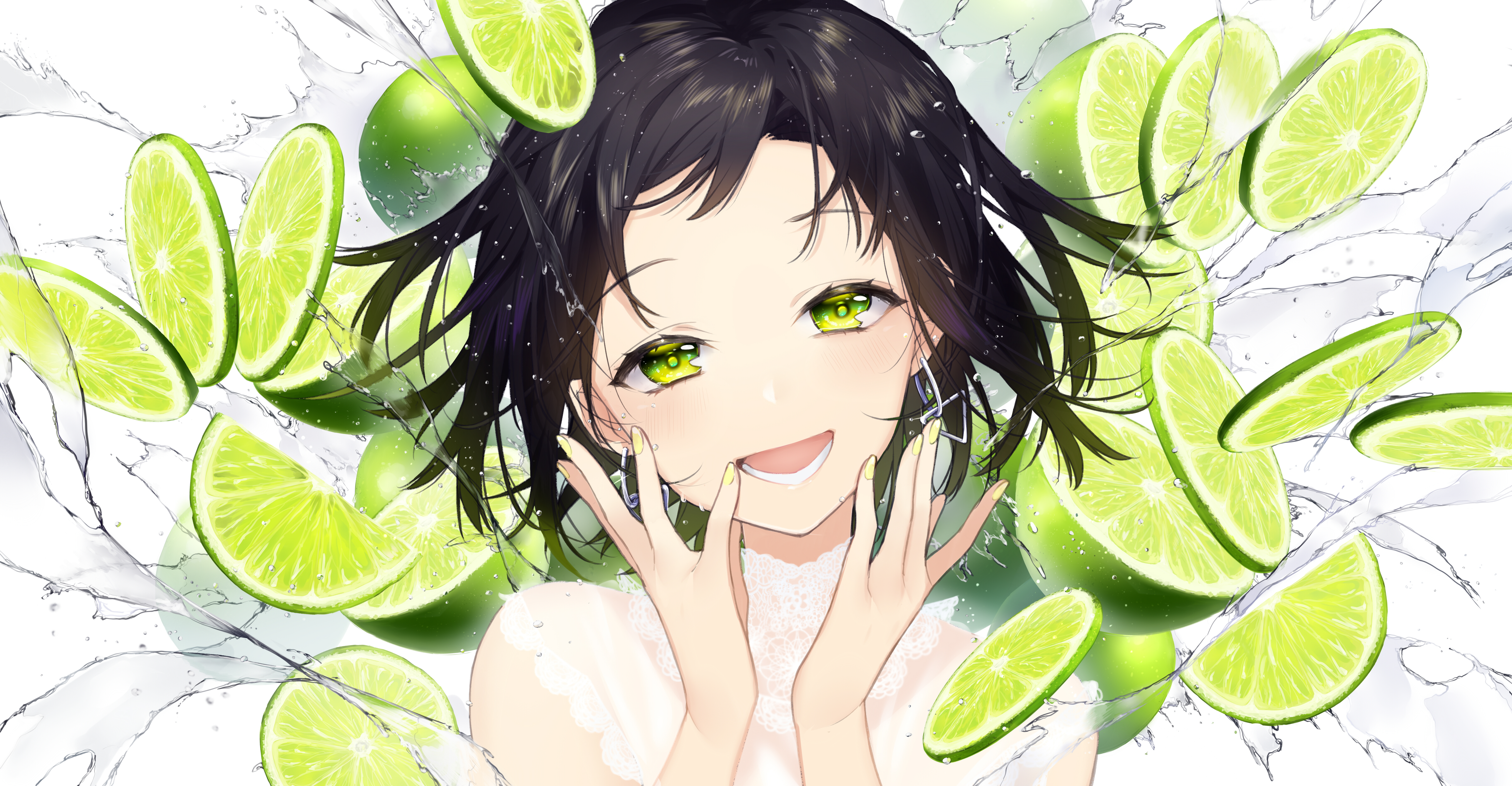 Free download wallpaper Anime, Lime, Earrings, Green Eyes, Original, Black Hair, Short Hair on your PC desktop