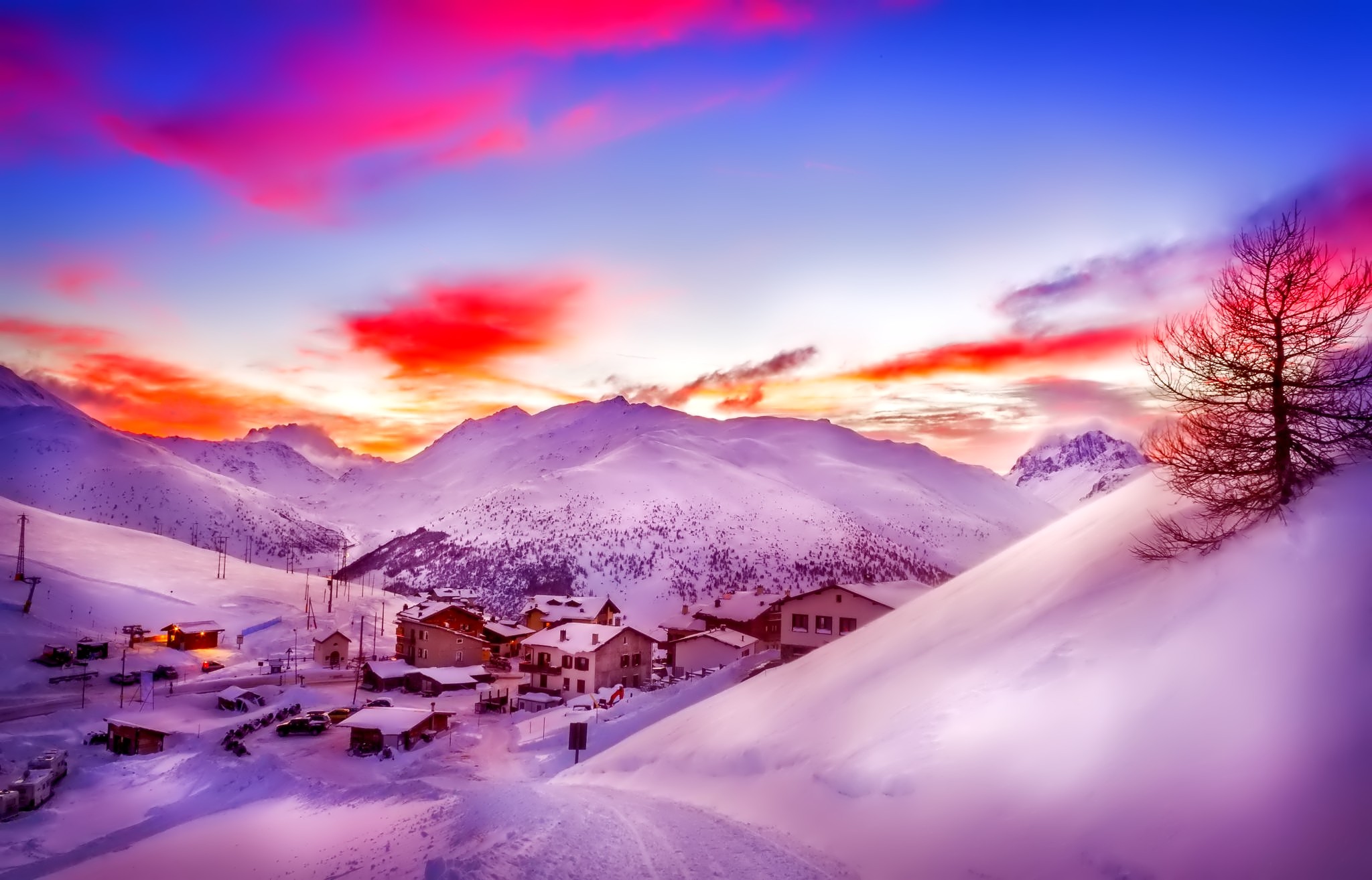 Download mobile wallpaper Winter, Sunset, Snow, Village, Photography for free.