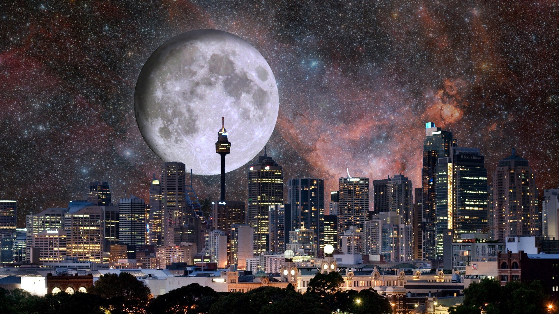 Download mobile wallpaper Manipulation, Skyscraper, Building, Photography, Moon, Stars, City for free.