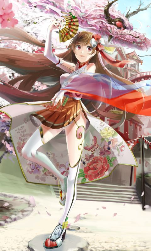 Download mobile wallpaper Anime, City, Building, Flower, Skirt, Cherry Blossom, Original, Brown Hair, Thigh Highs, Bow (Clothing) for free.