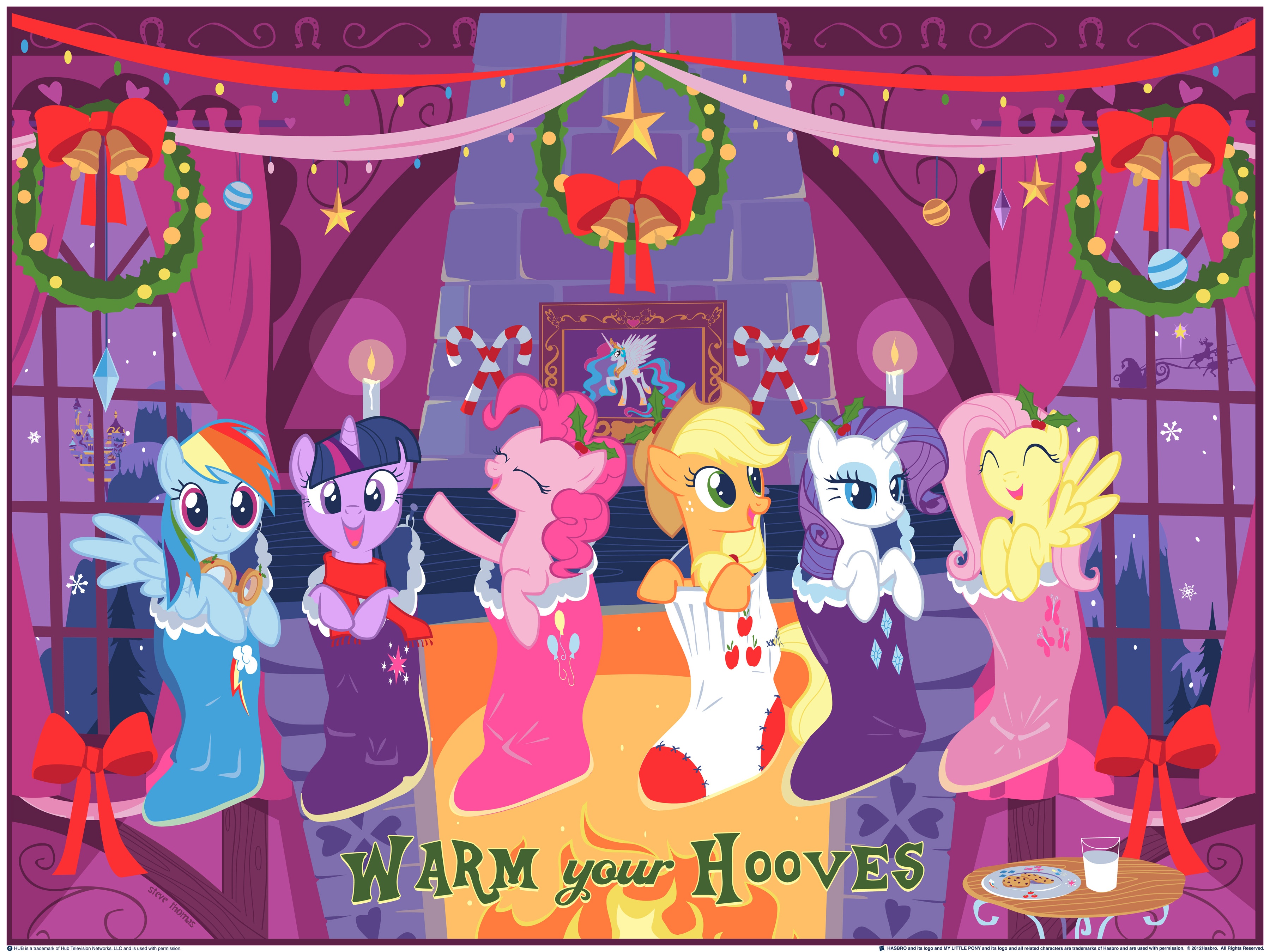 movie, my little pony: the movie, applejack (my little pony), canterlot (my little pony), christmas ornaments, fluttershy (my little pony), pinkie pie, princess celestia, rainbow dash, rarity (my little pony), stocking, twilight sparkle, my little pony