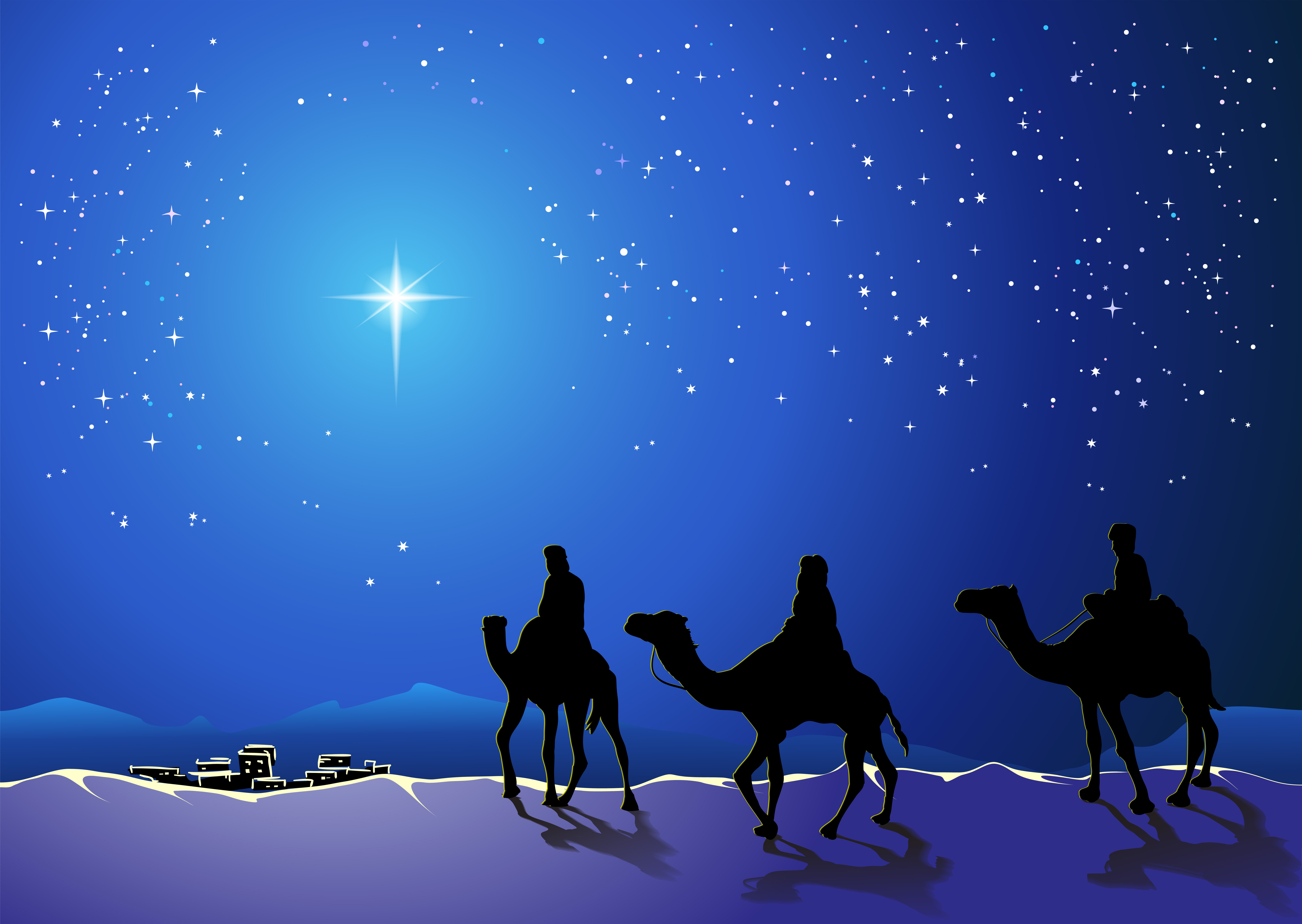 873097 завантажити шпалери свято, різдво, синій, верблюд, ніч, зірки, три мудреці, місто - заставки і картинки безкоштовно