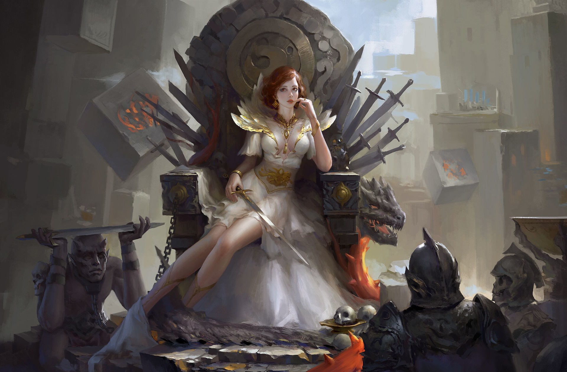 fantasy, women, skull, sword, throne, undead