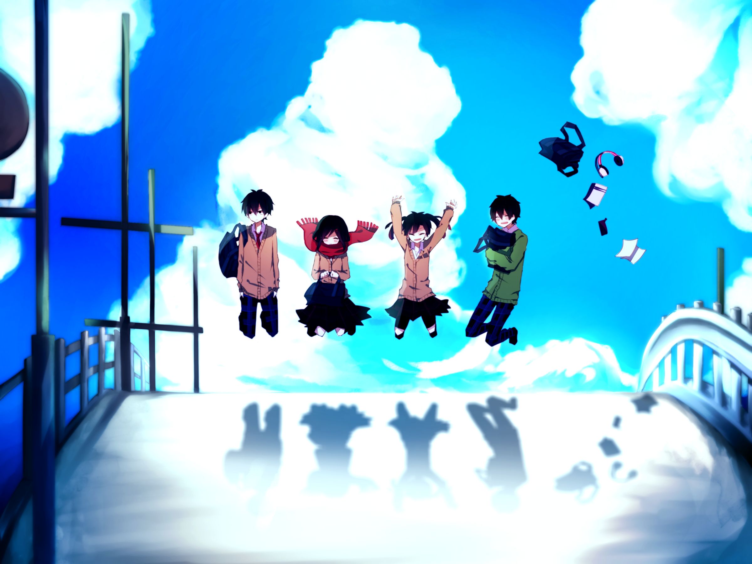 891067 Hintergrundbild herunterladen animes, kagerou projekt, ayano tateyama, brücke, wolke, konoha (kagerou projekt), schatten, shintaro kisaragi, himmel, takane 'ene' enomoto - Bildschirmschoner und Bilder kostenlos