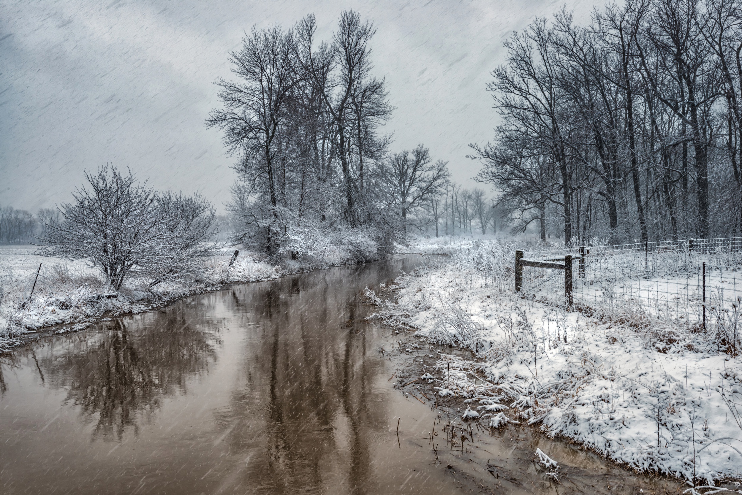 Download mobile wallpaper Winter, Nature, Rain, Snow, Reflection, Earth, Fence, River for free.