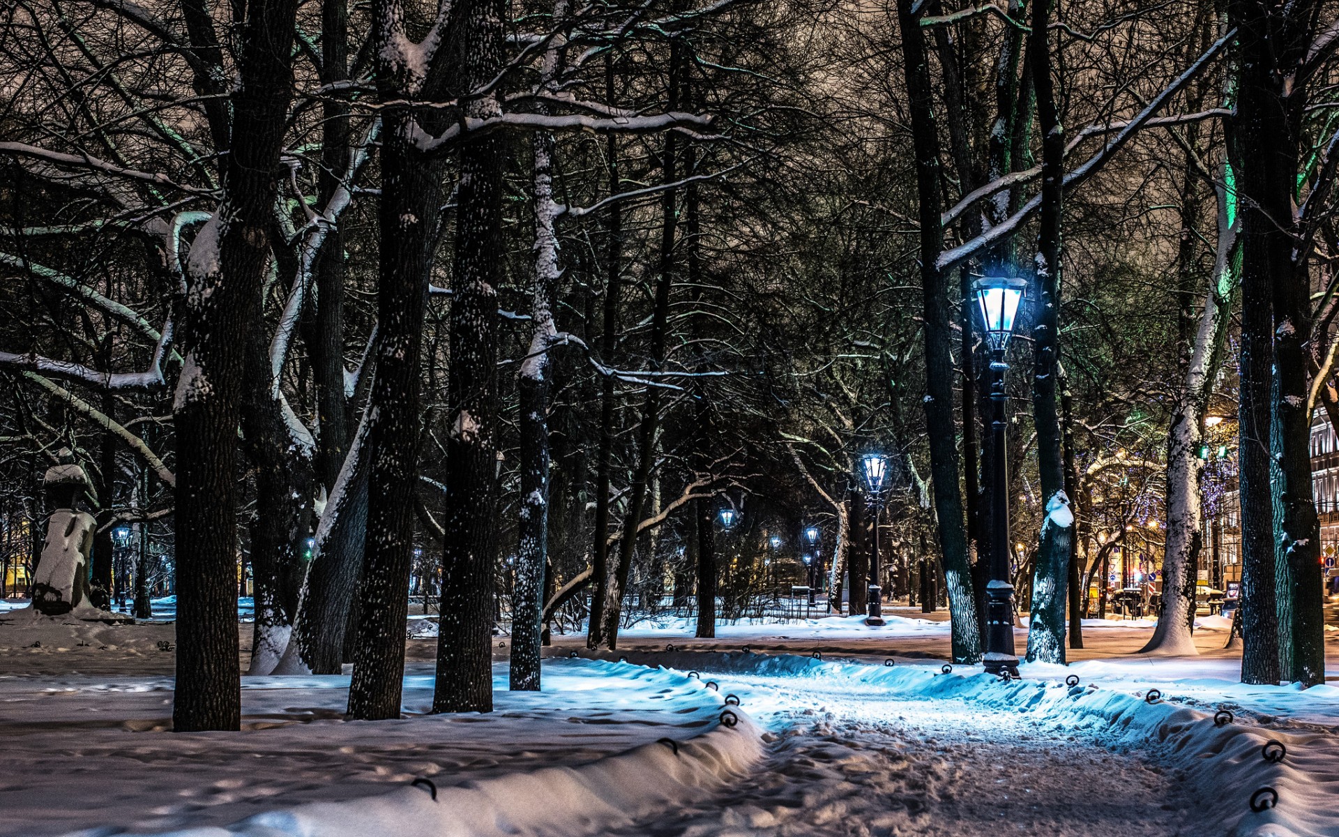 Free download wallpaper Winter, Park, Tree, Path, Photography, Lamp Post on your PC desktop