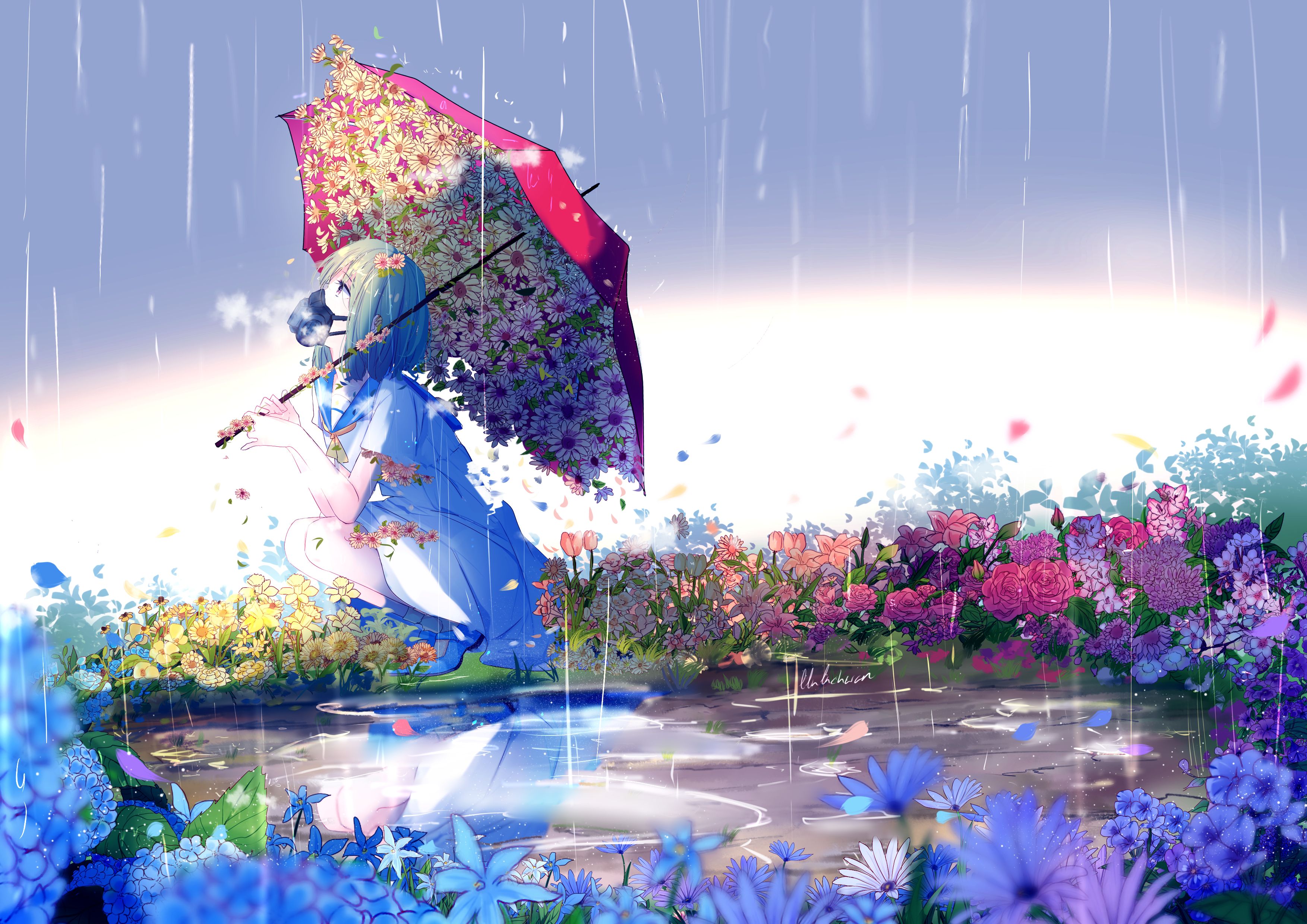 Download mobile wallpaper Anime, Rain, Reflection, Flower, Umbrella, Original, Short Hair for free.