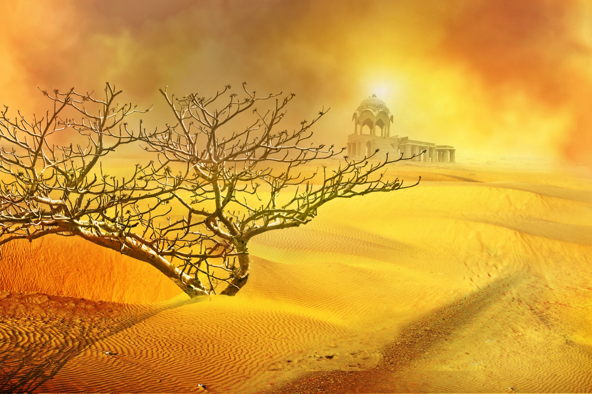 Handy-Wallpaper Sand, Wüste, Baum, Tempel, Künstlerisch kostenlos herunterladen.