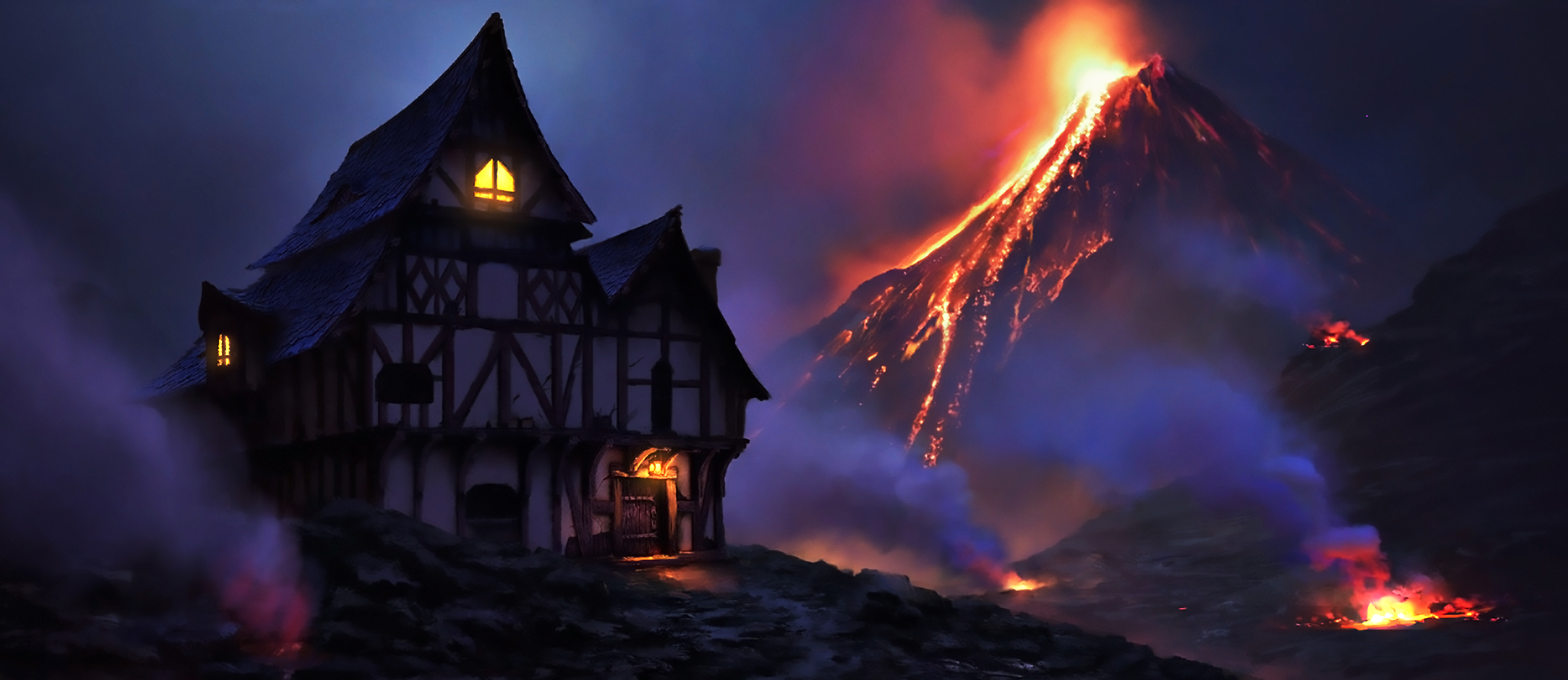 PCデスクトップに風景, 家, ファンタジー, 火山, 溶岩, 夜, 火画像を無料でダウンロード
