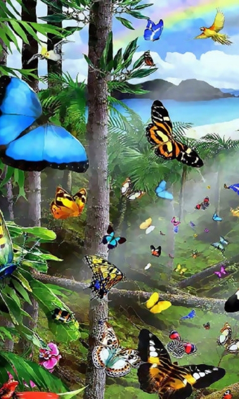 Handy-Wallpaper Baum, Farben, Schmetterling, Affe, Dschungel, Affen, Künstlerisch, Regenwald, Urwald kostenlos herunterladen.
