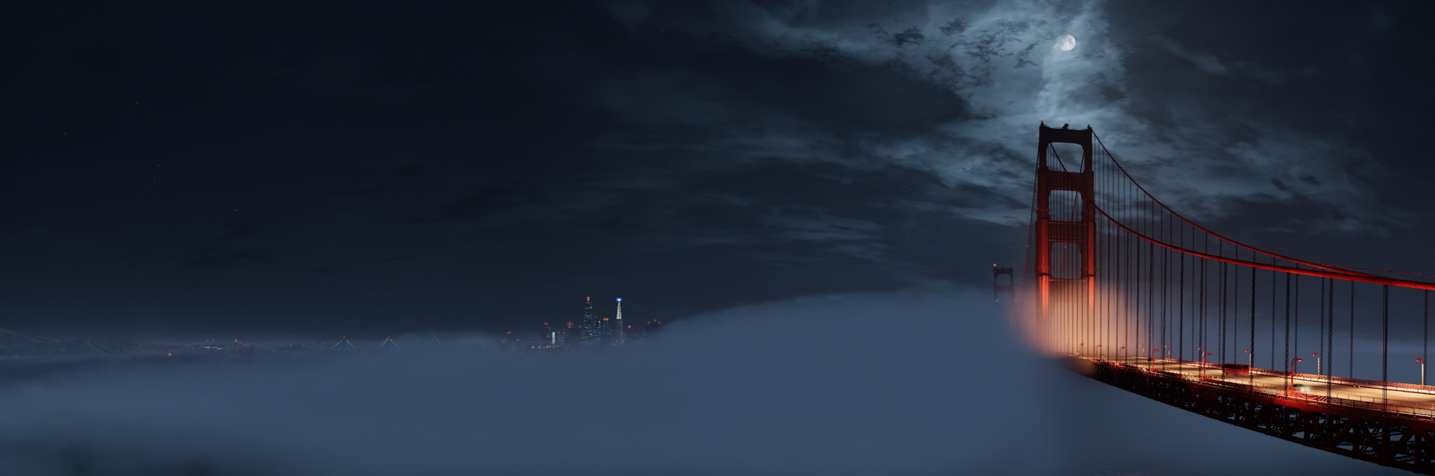 Download mobile wallpaper Sky, Night, Moon, Watch Dogs, Fog, Cloud, San Francisco, Golden Gate, Video Game, Watch Dogs 2 for free.