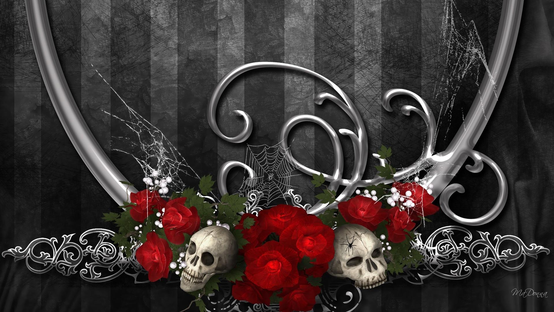 Download mobile wallpaper Gothic, Dark, Rose, Design, Skull, Red Flower for free.