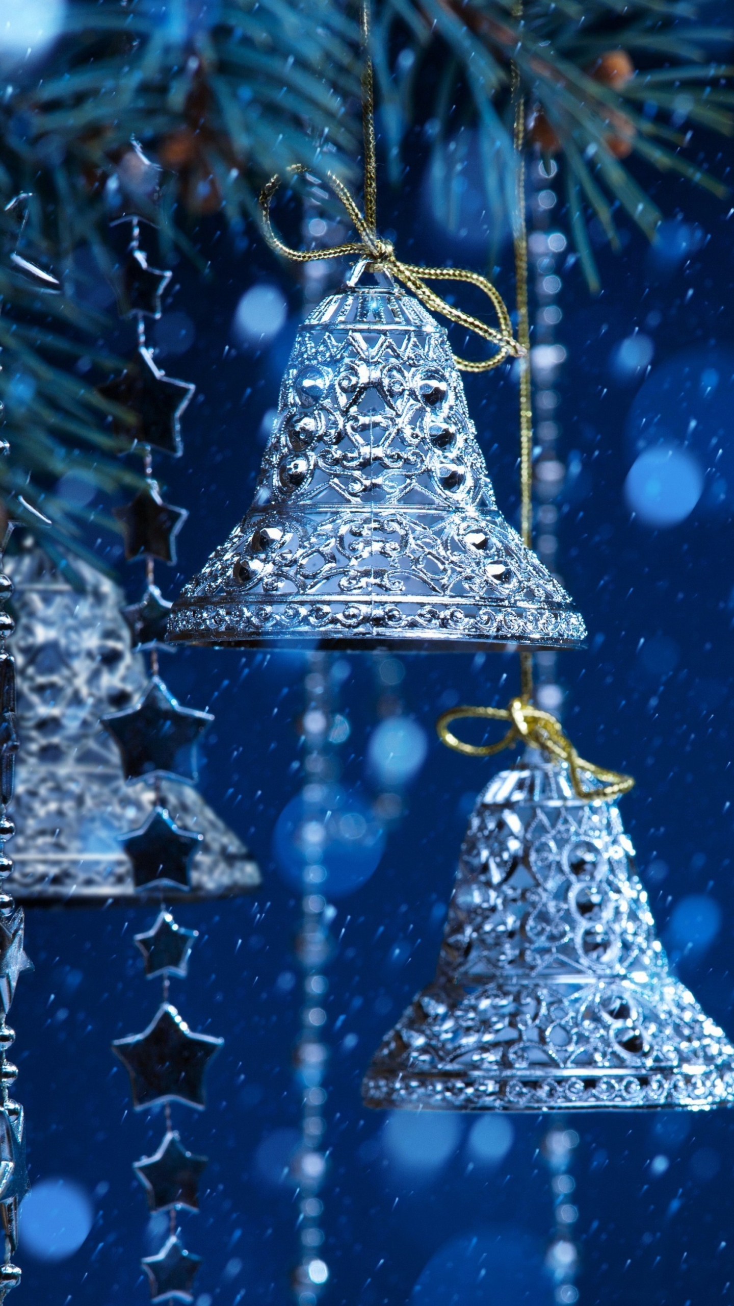 Download mobile wallpaper Night, Christmas, Holiday, Bell, Snowfall, Christmas Ornaments for free.