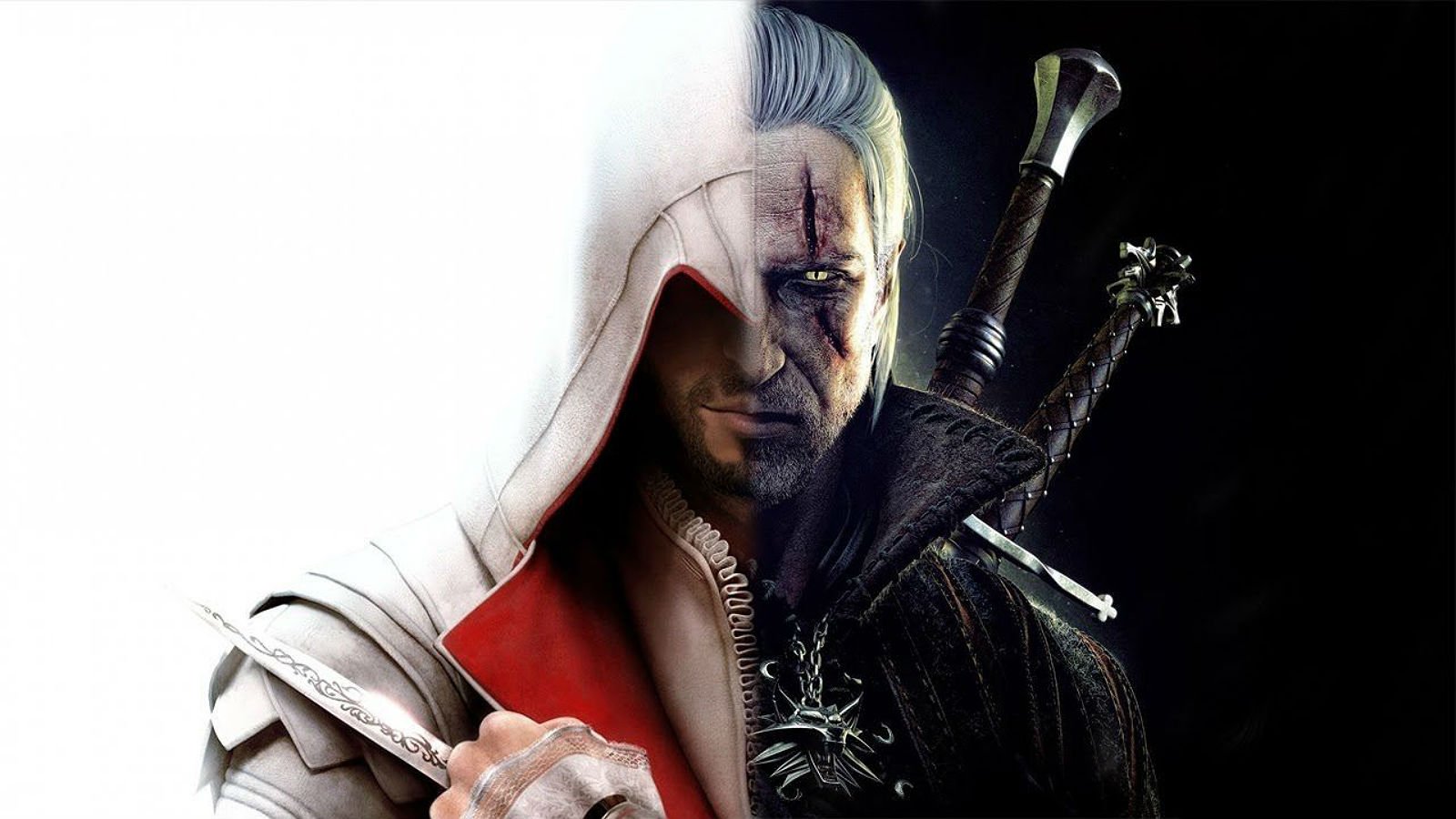 ezio (assassin's creed), video game, crossover, assassin's creed, close up, face, fantasy, geralt of rivia, knife, sword, the witcher, warrior