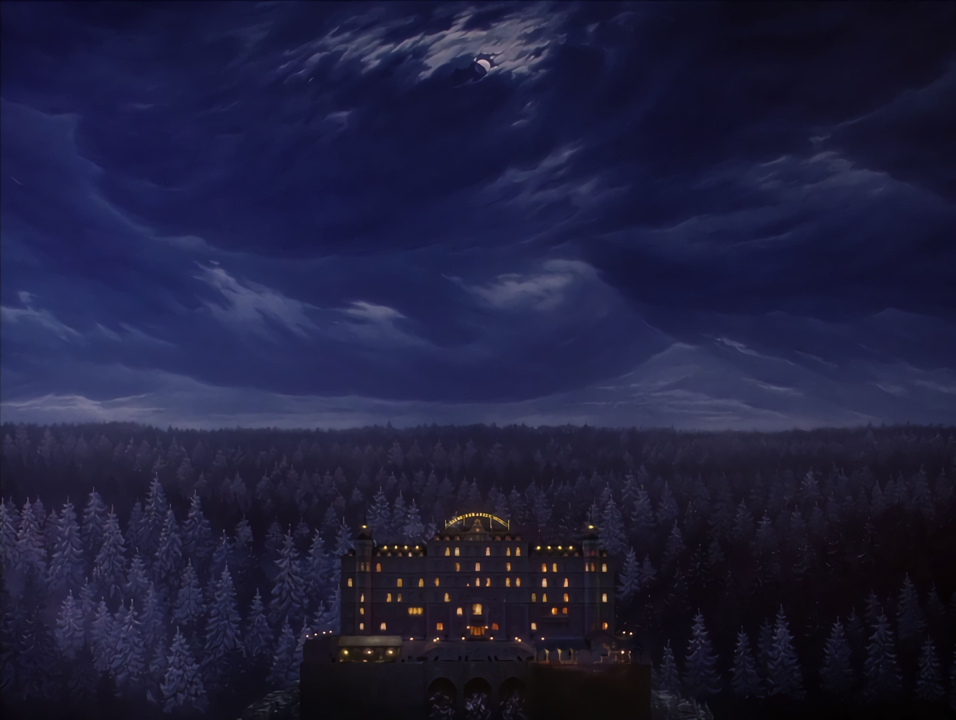 the grand budapest hotel, movie, forest, hotel, night