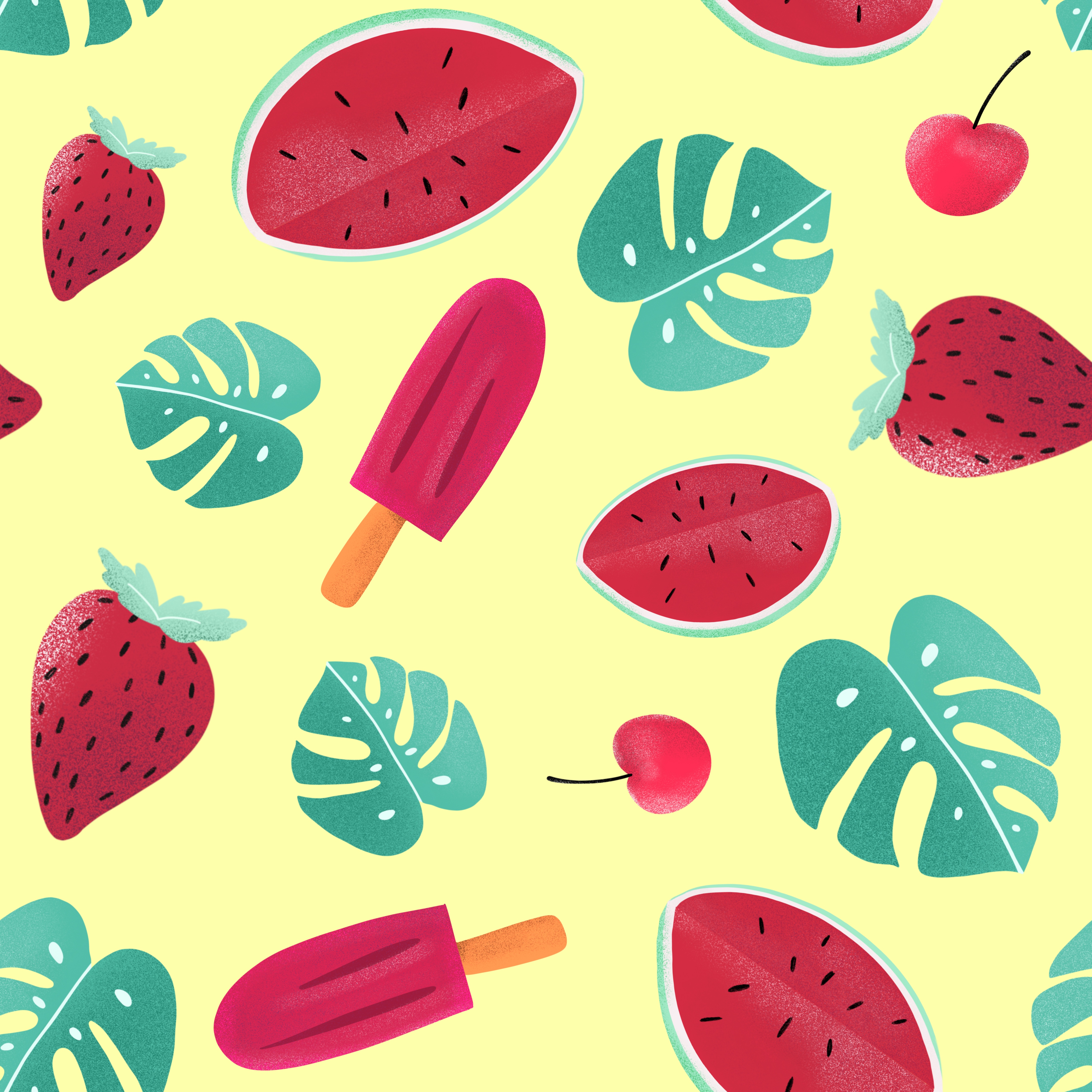 Download mobile wallpaper Patterns, Watermelon, Leaves, Texture, Strawberry, Textures, Ice Cream for free.
