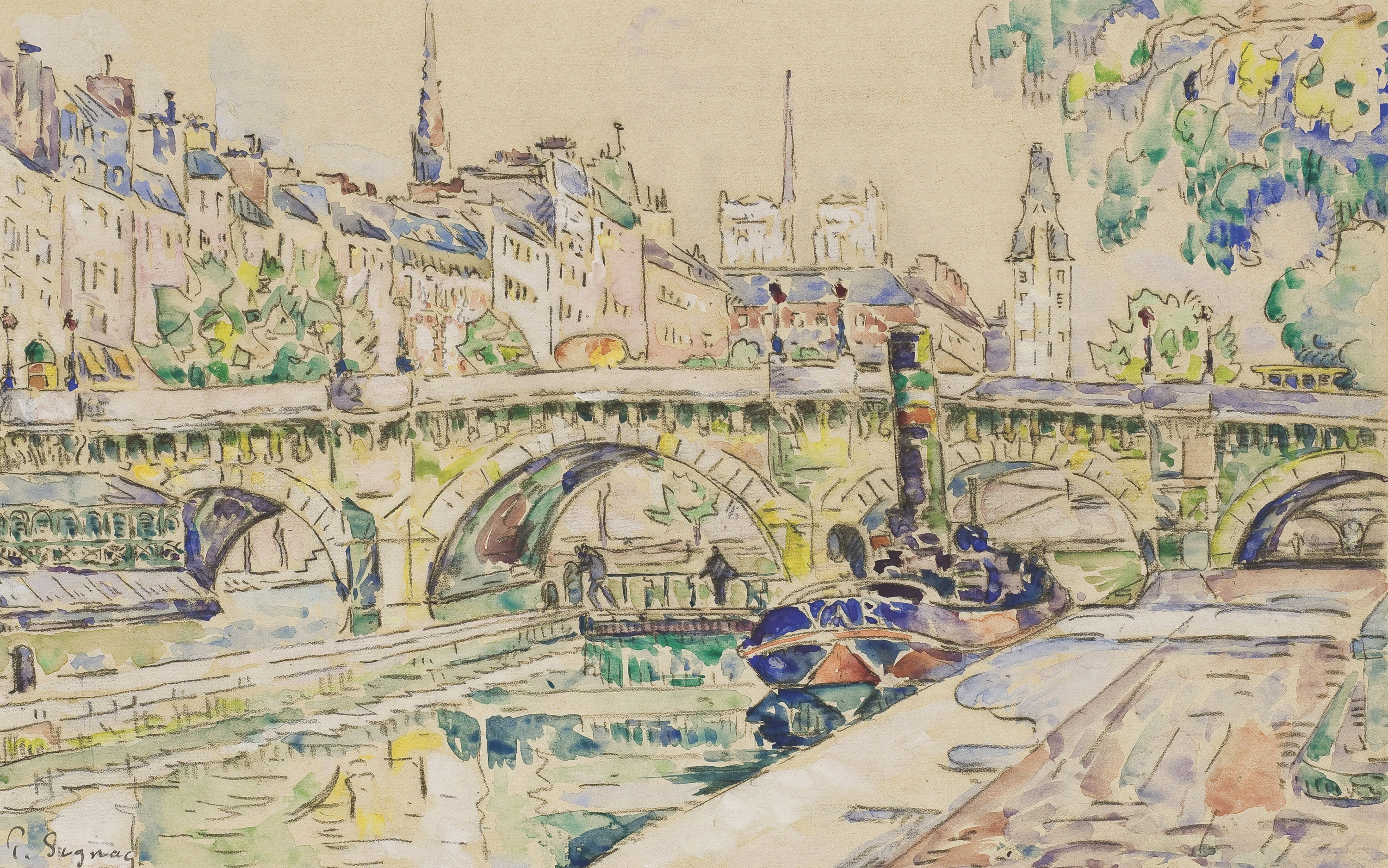 Download mobile wallpaper Paris, City, Bridge, Boat, Painting, Artistic, Watercolor, Canal for free.
