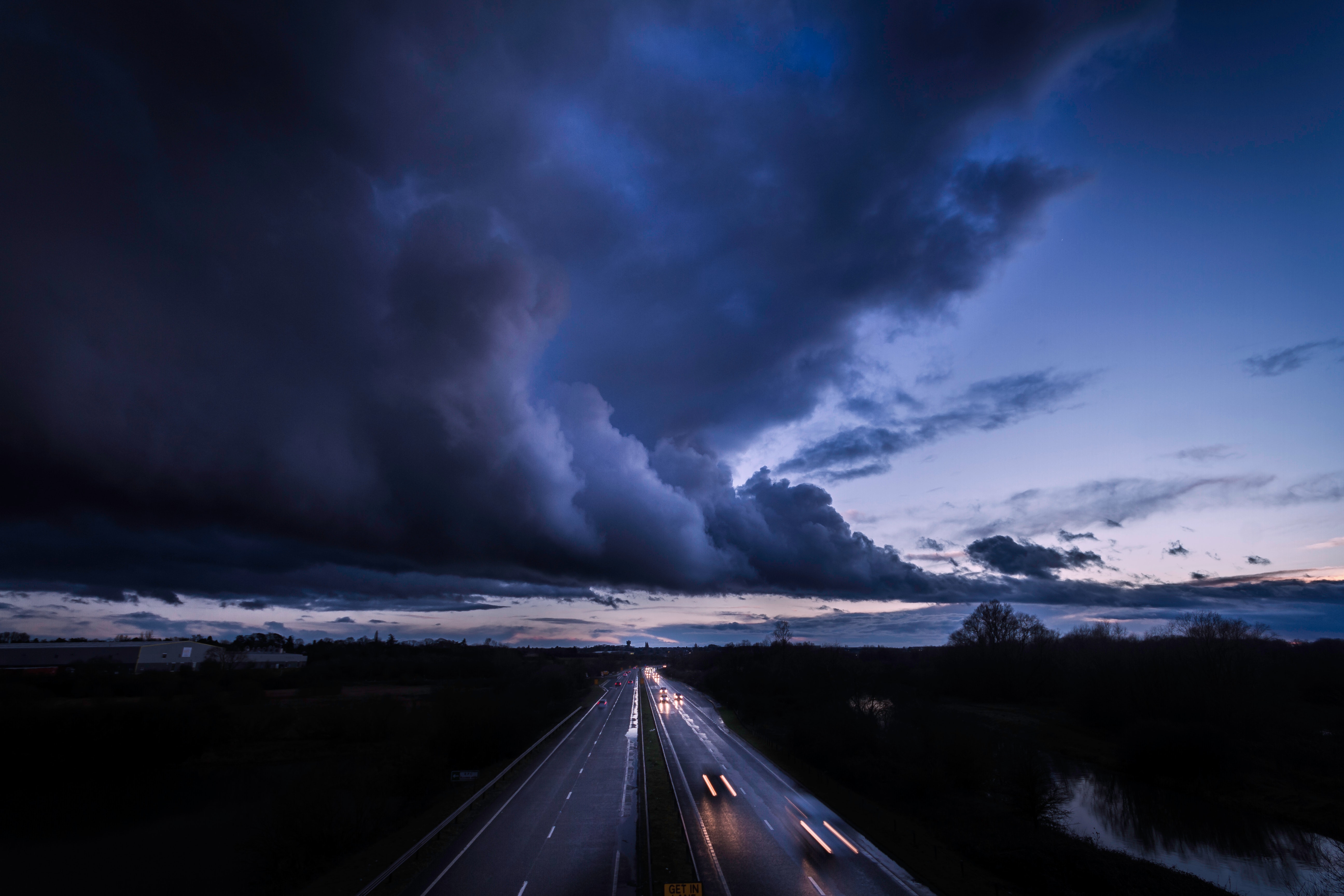 horizon, cities, clouds, road, traffic, movement, mainly cloudy, overcast