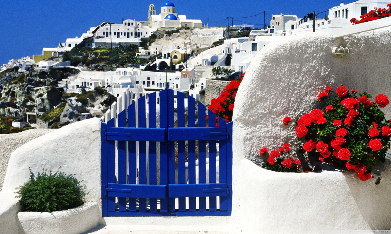 Download mobile wallpaper Summer, Flower, Coast, Greece, Town, Santorini, Man Made for free.