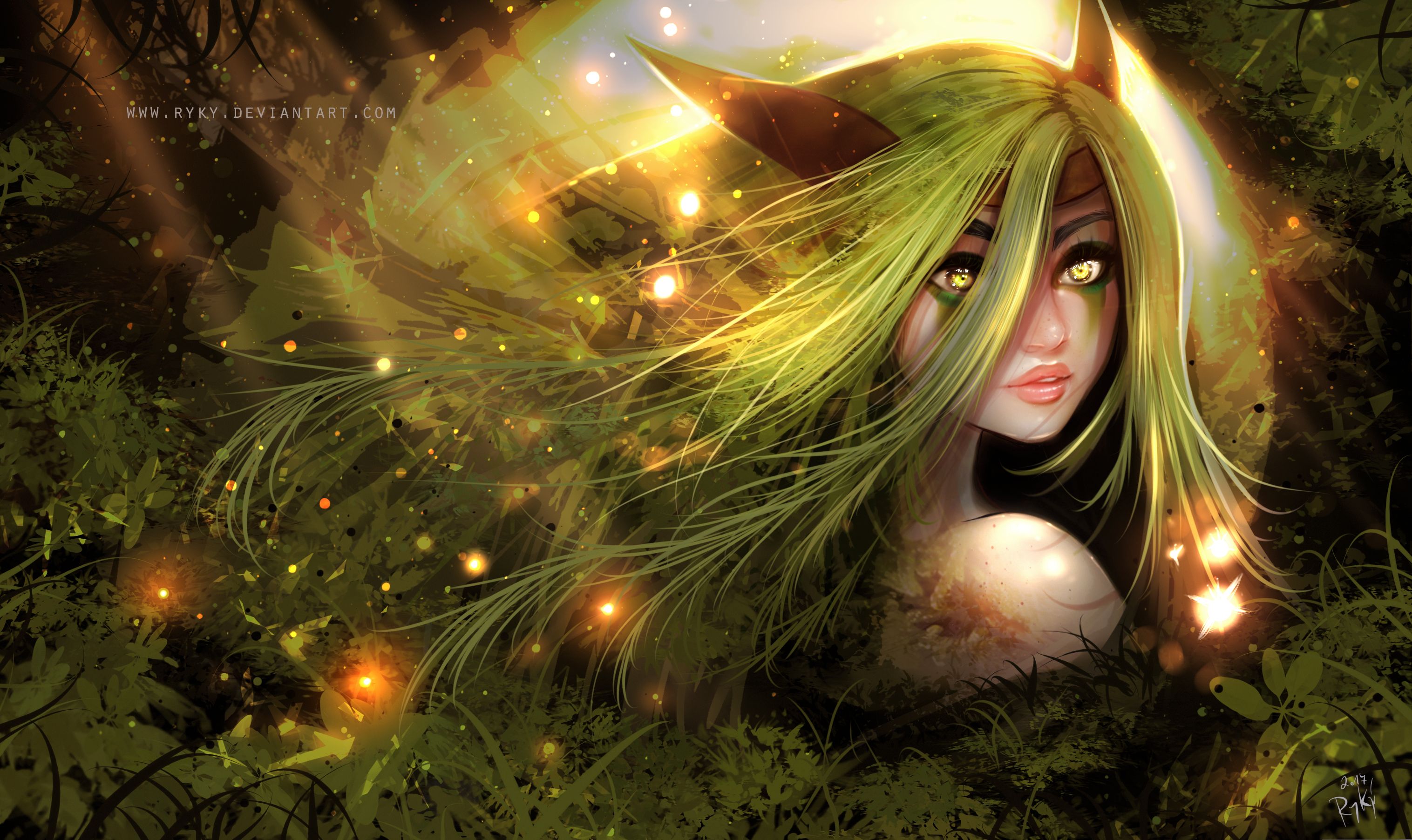 Download mobile wallpaper Fantasy, Green Hair, Women, Yellow Eyes, Animal Ears for free.