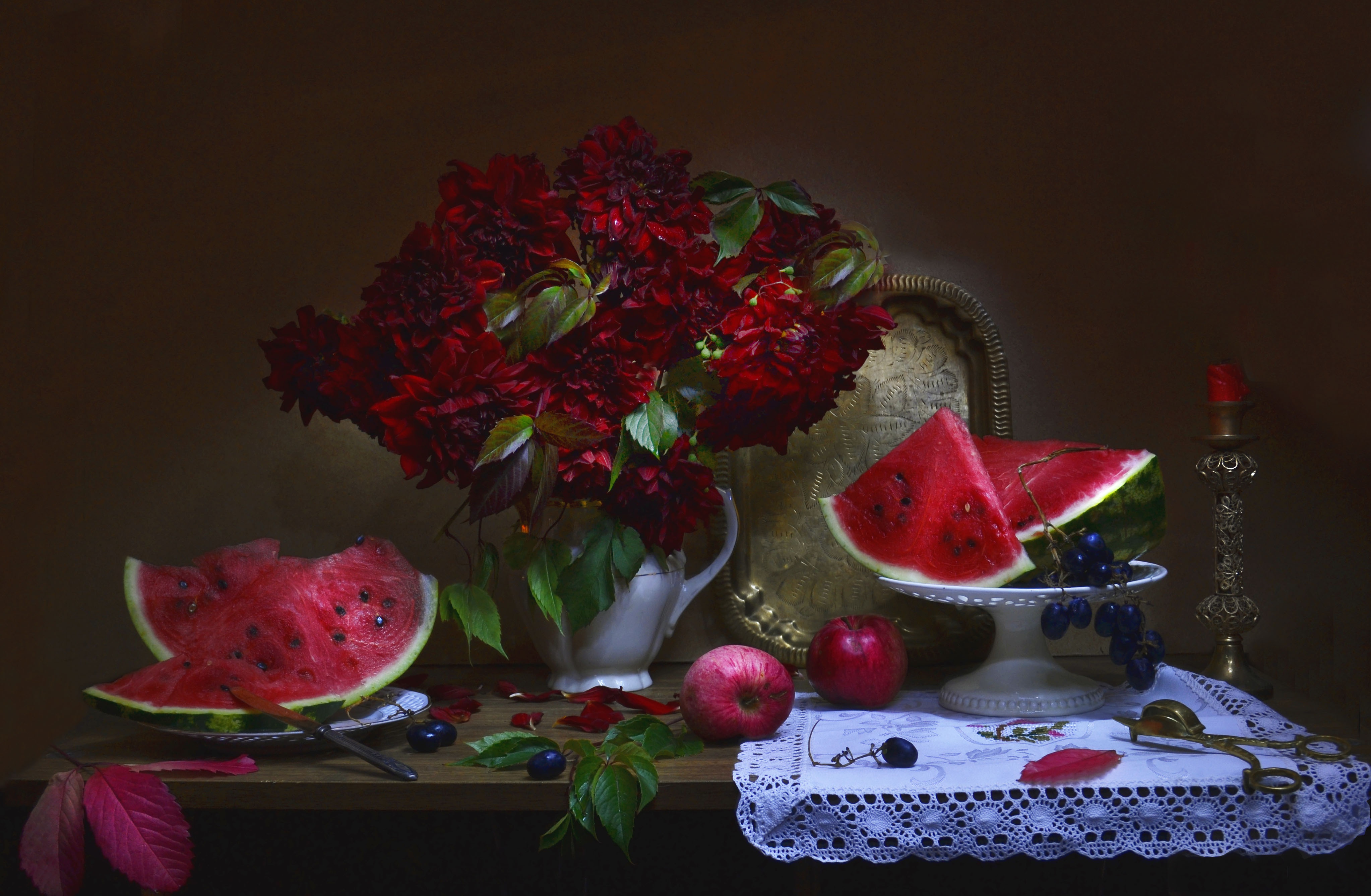 Handy-Wallpaper Blume, Frucht, Wassermelone, Apfel, Kerze, Fotografie, Stillleben kostenlos herunterladen.