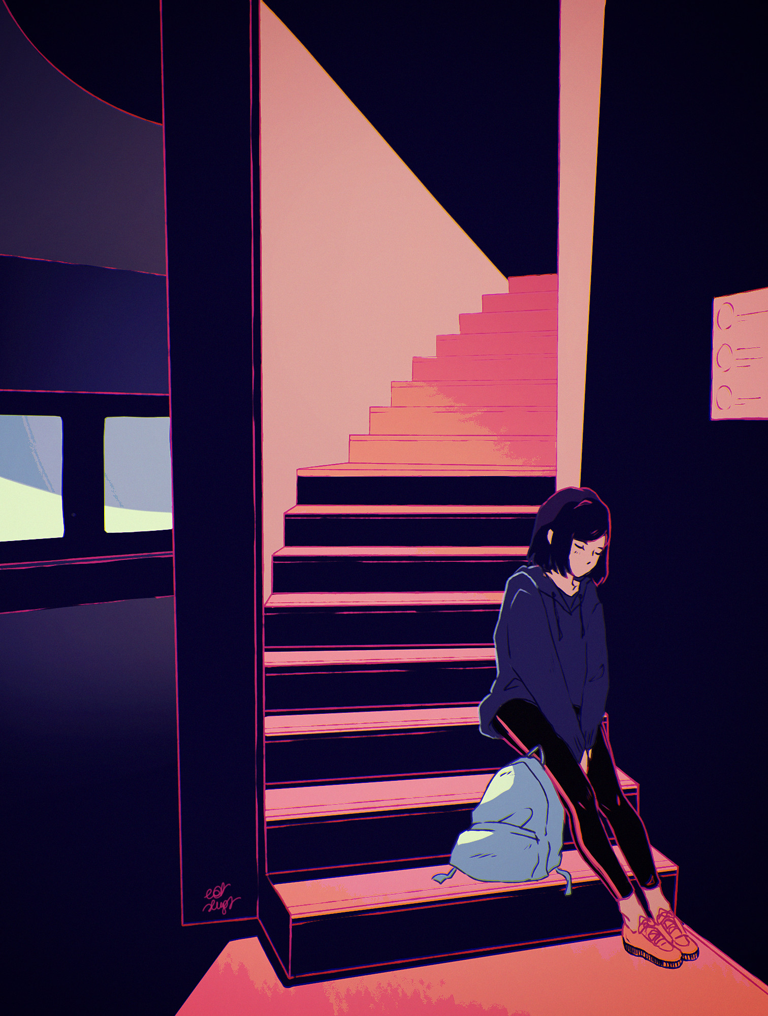 sadness, art, vector, girl, stairs, ladder, loneliness, sorrow Free Background