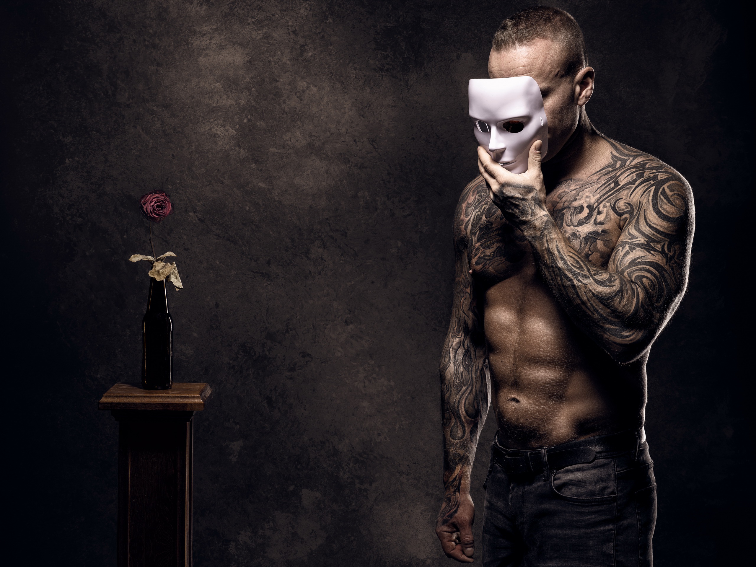 Download mobile wallpaper Men, Mask, Tattoo, Model for free.