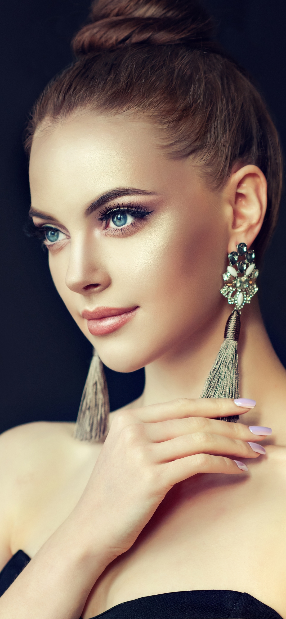 Download mobile wallpaper Brunette, Model, Women, Earrings, Blue Eyes for free.