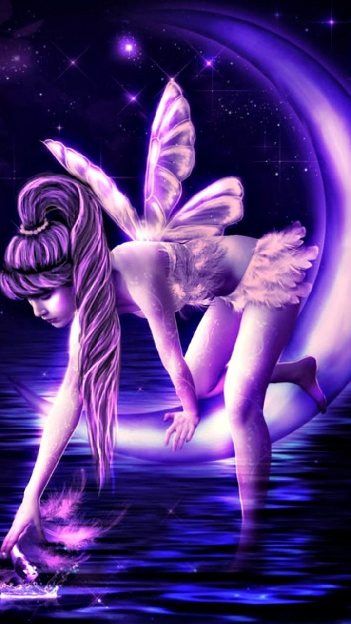Download mobile wallpaper Fantasy, Moon, Purple, Wings, Fairy for free.