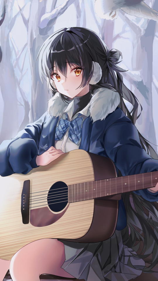 Download mobile wallpaper Anime, Guitar, Girl, Black Hair, Long Hair, Instrument, Orange Eyes for free.