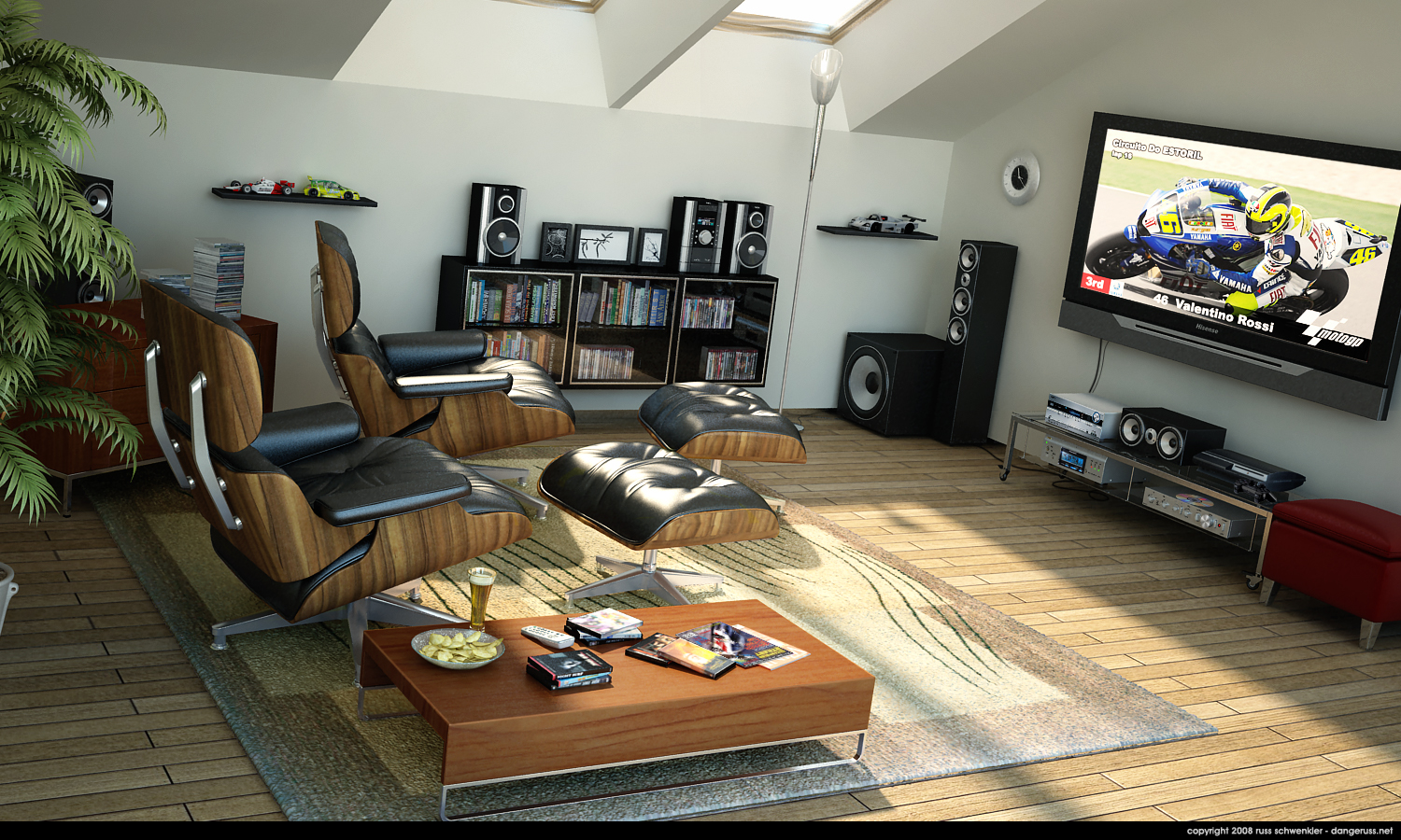 man made, room, chair, coffee table, speakers, television