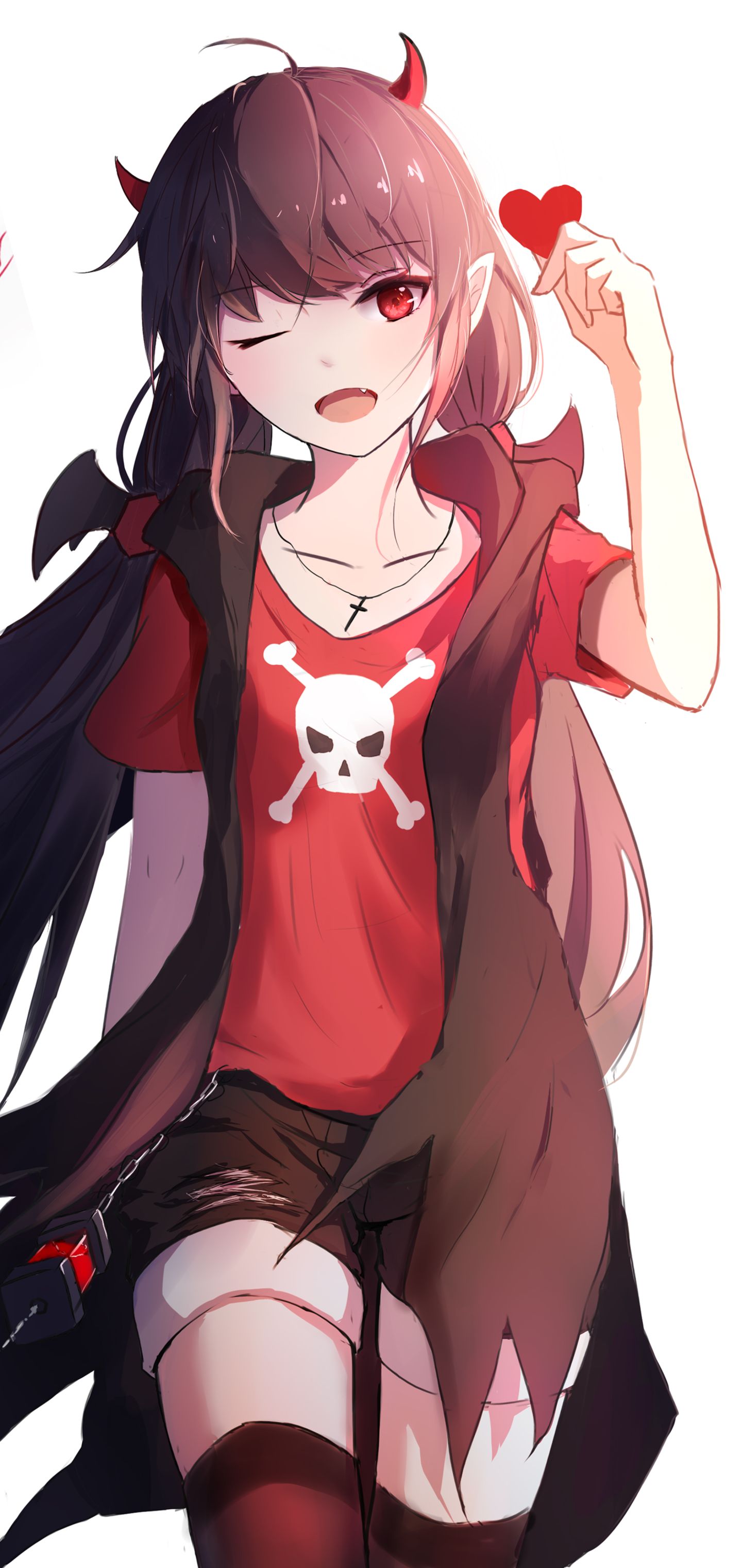 Download mobile wallpaper Anime, Smile, Heart, Shorts, Original, Red Eyes, Black Hair, Long Hair for free.