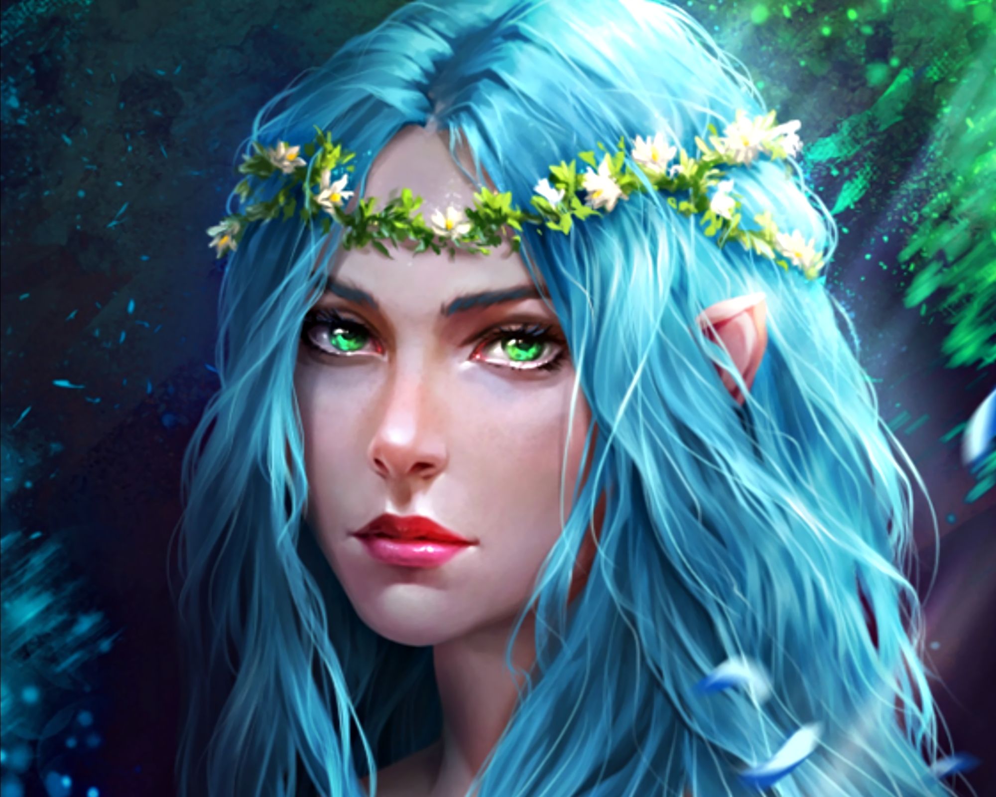 無料モバイル壁紙ファンタジー, 花輪, 妖精, 緑の目, 青い髪をダウンロードします。