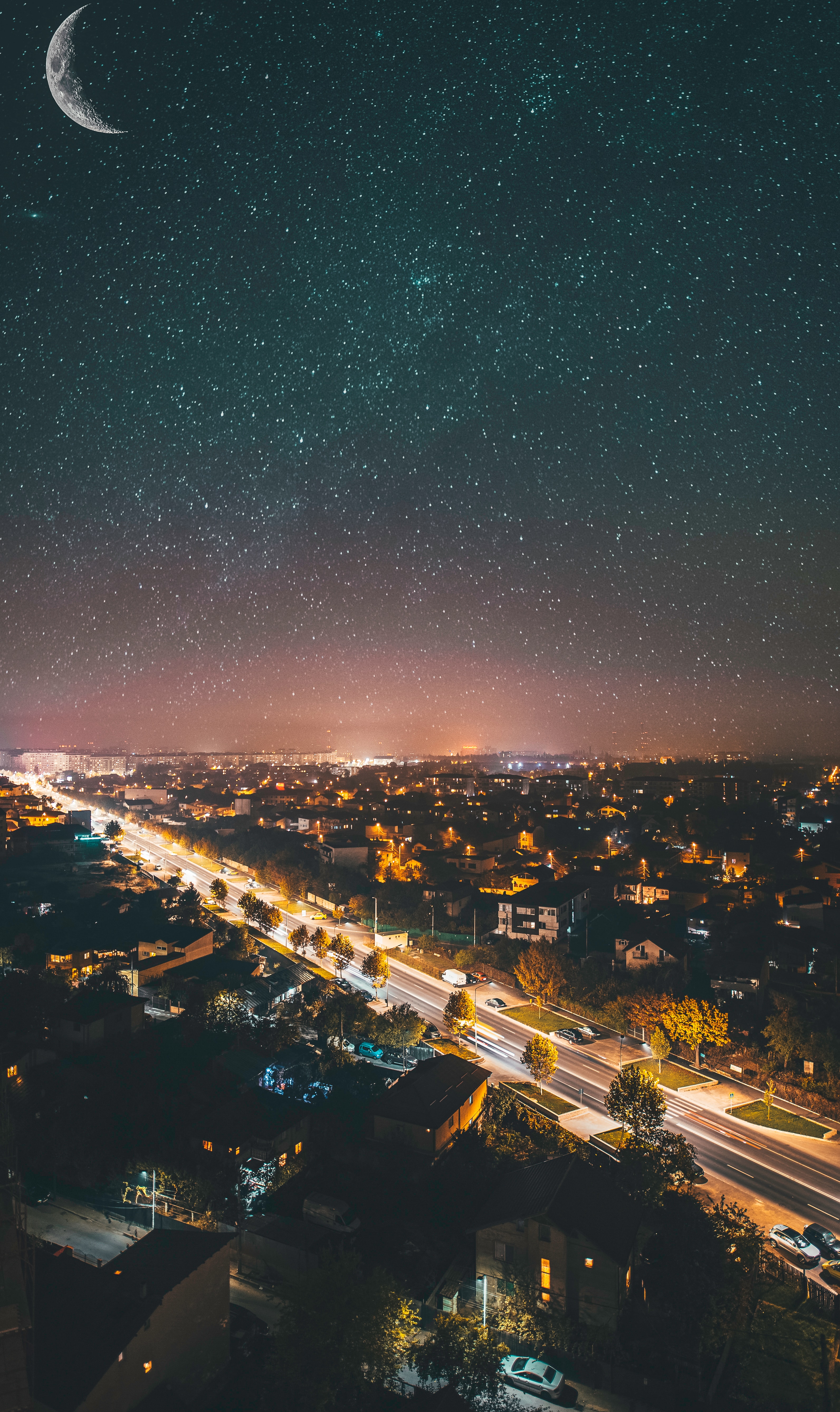 Download mobile wallpaper Urban Landscape, View From Above, City, Starry Sky, Cityscape, Night, Dark for free.