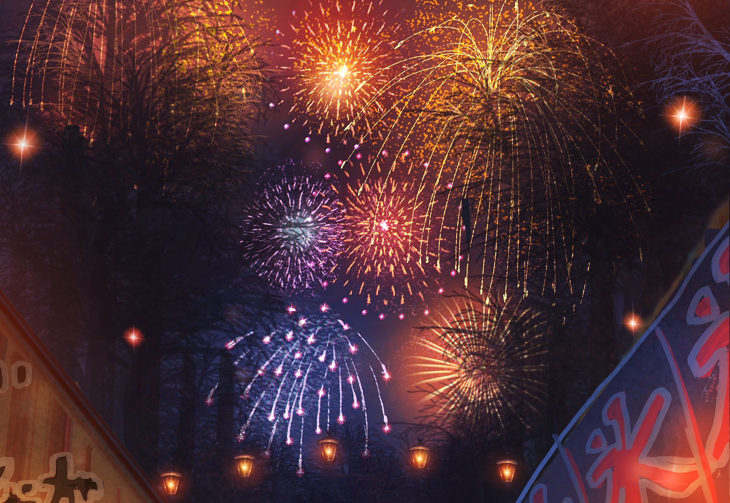 Laden Sie das Feuerwerk, Nacht, Original, Animes-Bild kostenlos auf Ihren PC-Desktop herunter