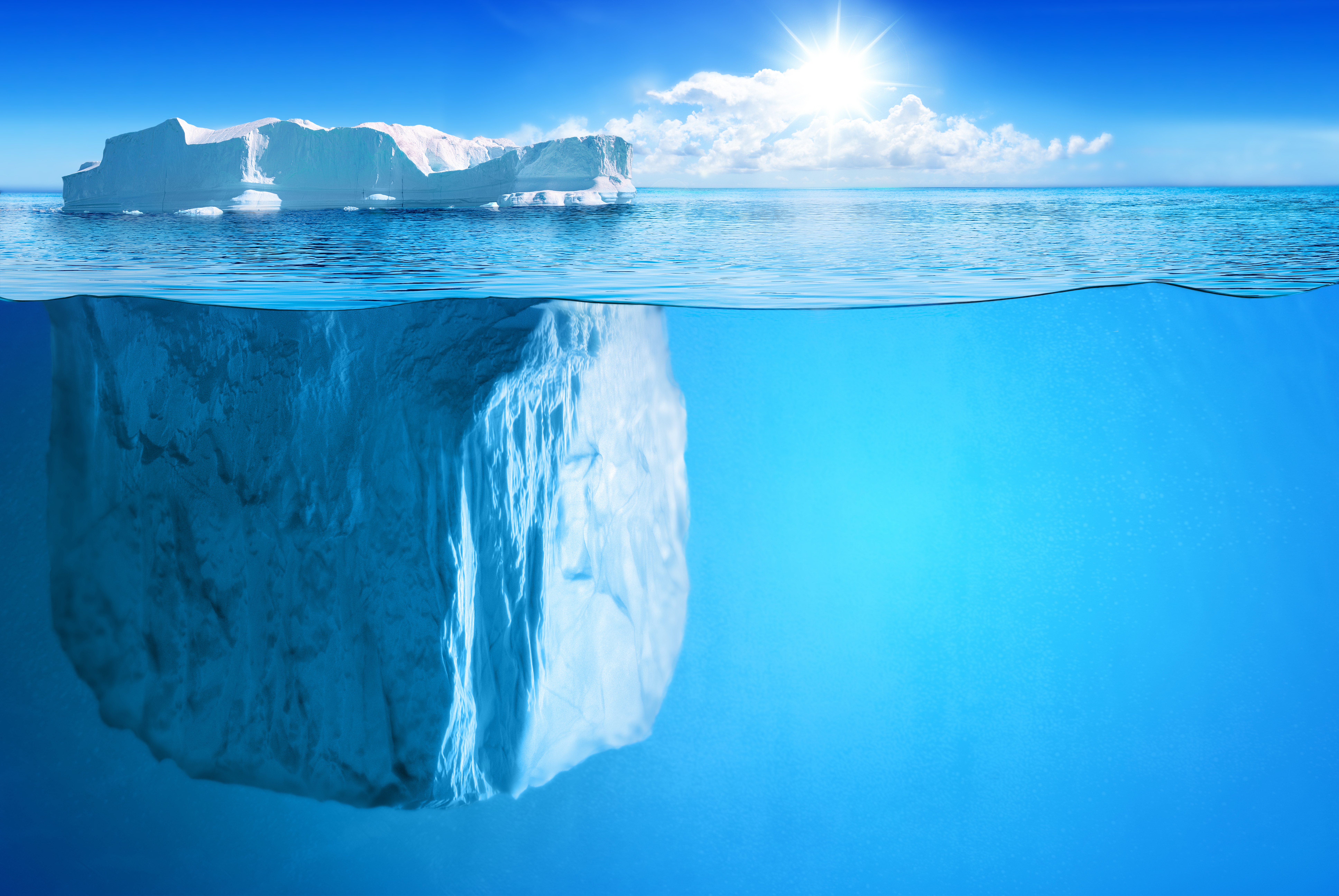 iceberg, under water, nature, sun, horizon, beams, rays, underwater