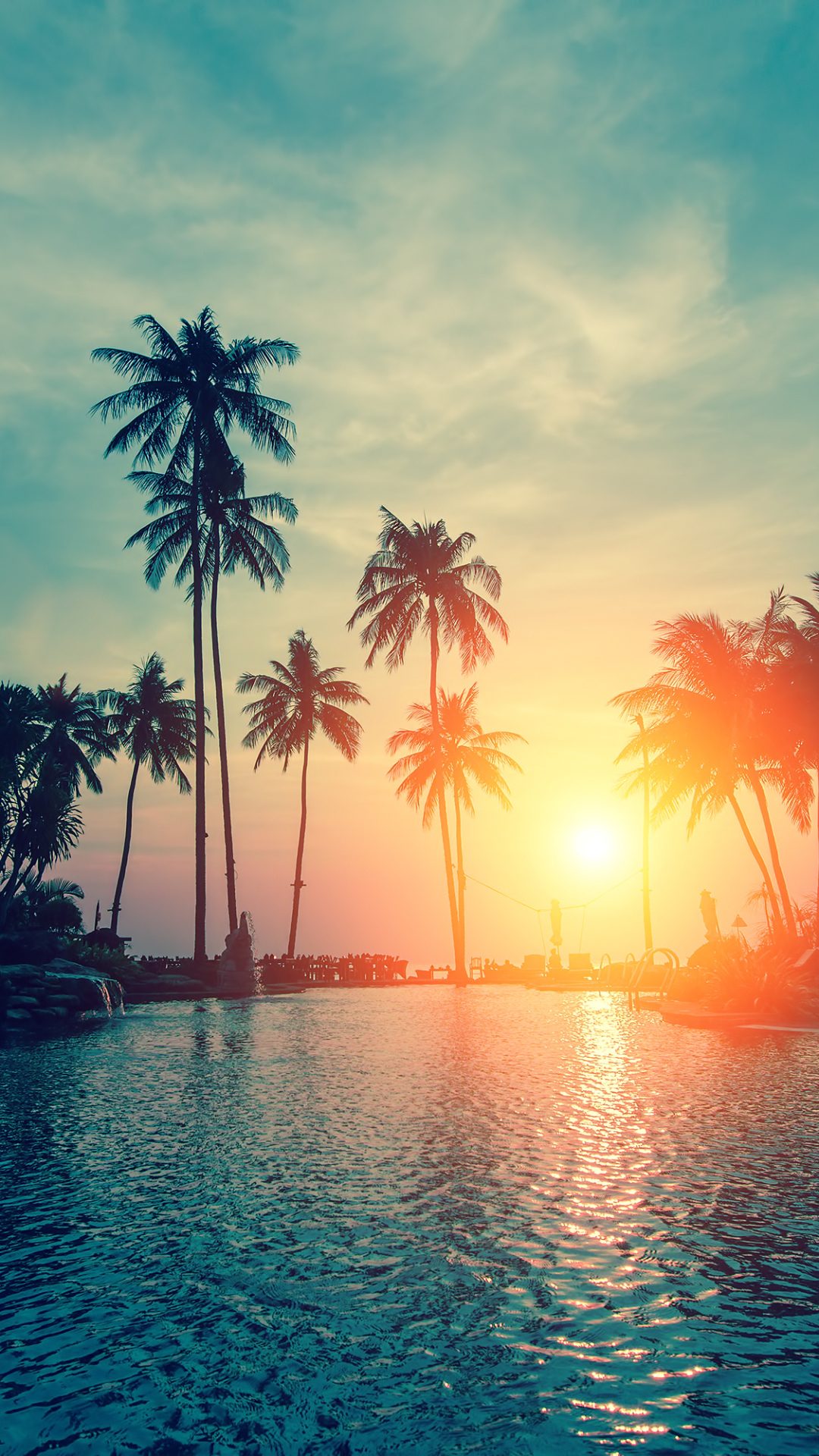 Download mobile wallpaper Sunset, Resort, Photography, Palm Tree for free.