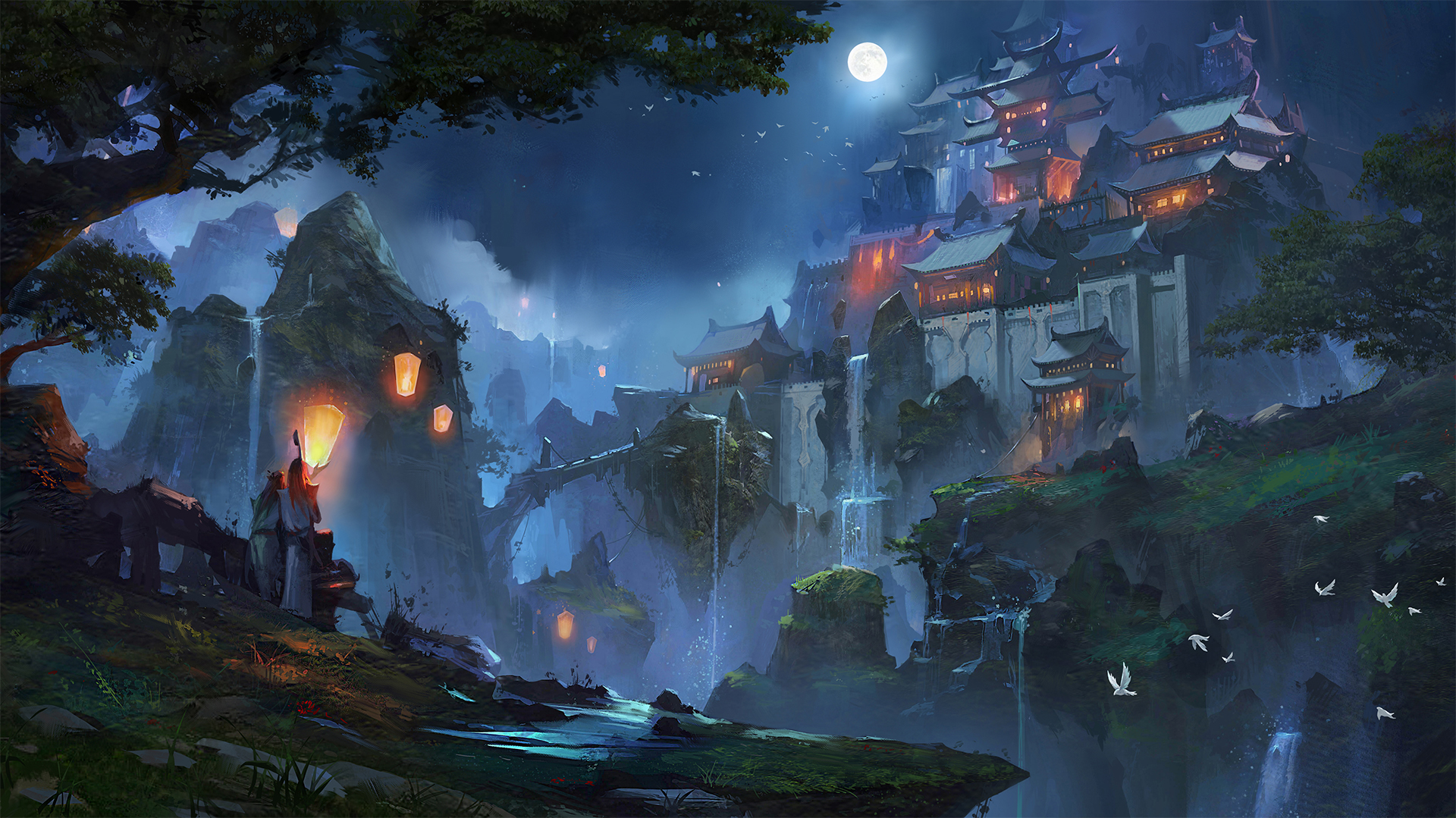 Free download wallpaper Fantasy, Night, Moon, Castles, Waterfall, Lantern, Scenery, Castle on your PC desktop