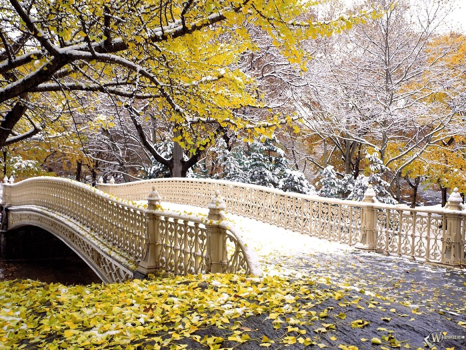 Скачать обои бесплатно Снег, Мост, Природа, Парк, Листья, Осень картинка на рабочий стол ПК