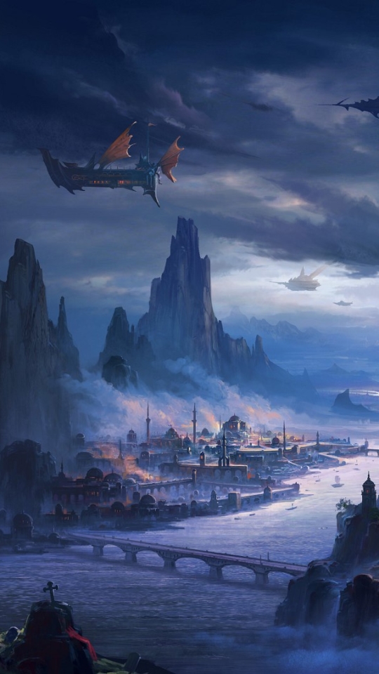 Download mobile wallpaper Landscape, Night, City, Sci Fi, Steampunk for free.