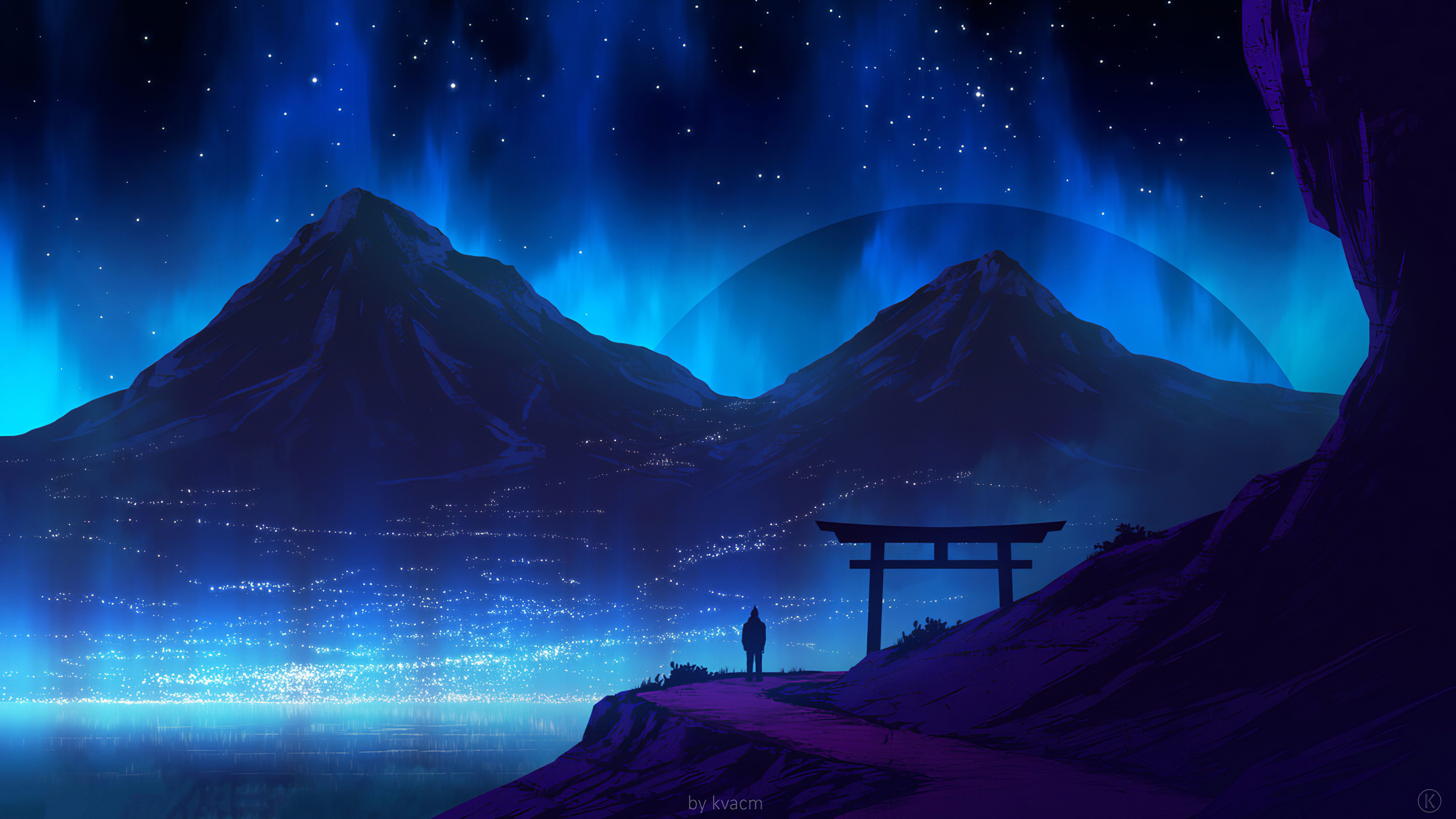 Laden Sie das Landschaft, Sterne, Gebirge, Torii, Künstlerisch-Bild kostenlos auf Ihren PC-Desktop herunter
