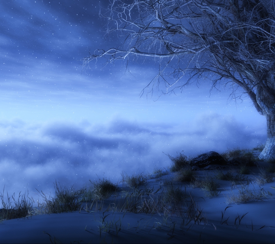 Download mobile wallpaper Fantasy, Sky, Stars, Tree, Fog, Artistic, Cloud, Lonely Tree for free.