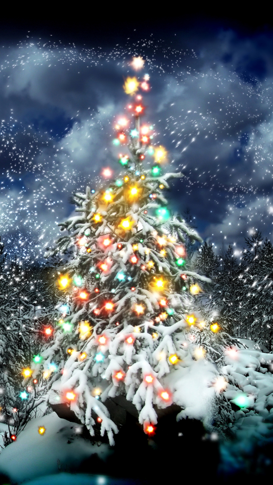 Download mobile wallpaper Snow, Light, Forest, Tree, Christmas, Holiday, Christmas Tree, Decoration, Star for free.