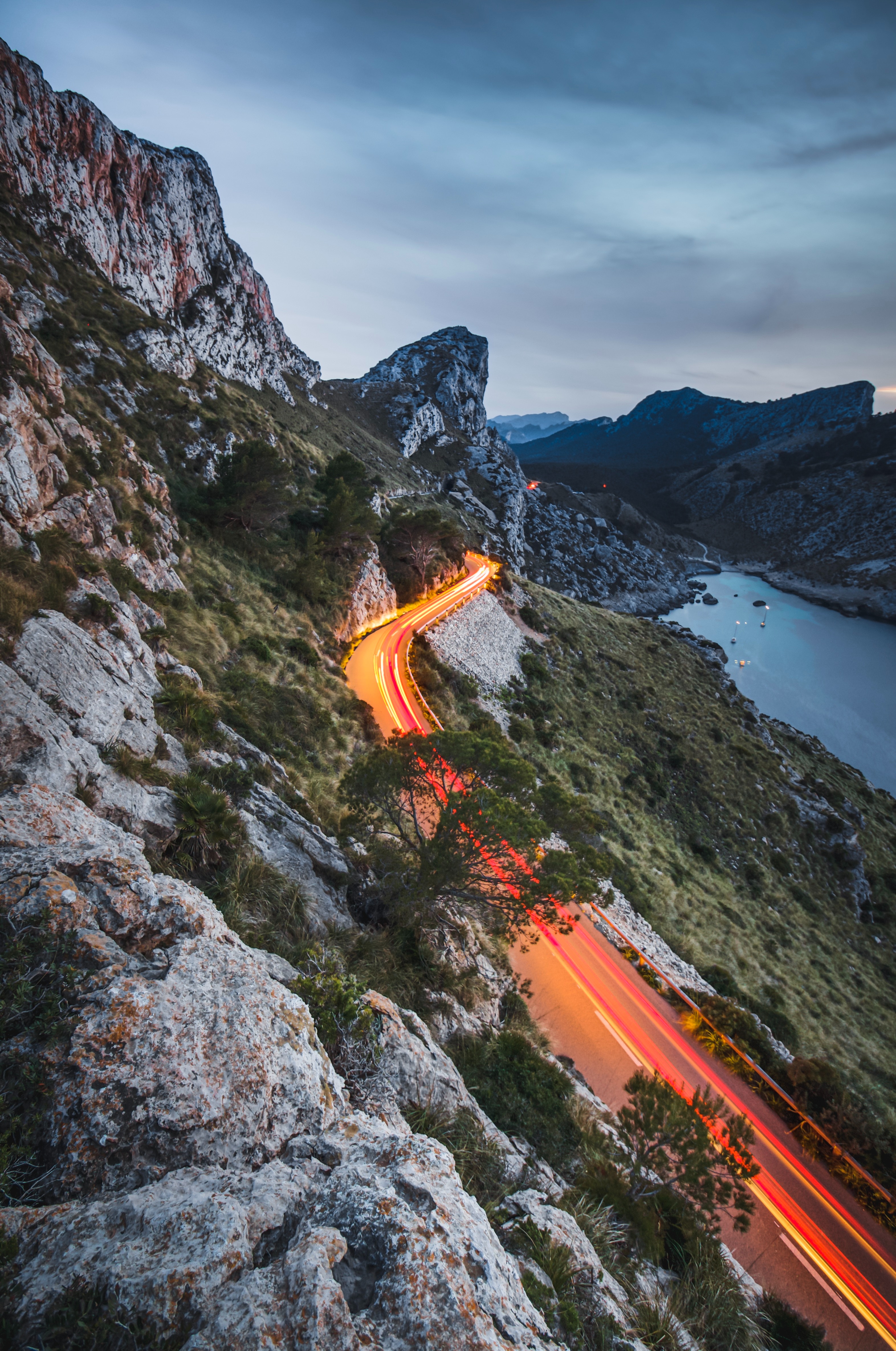 movement, mountains, long exposure, landscape, nature, lights, road, traffic Free Stock Photo
