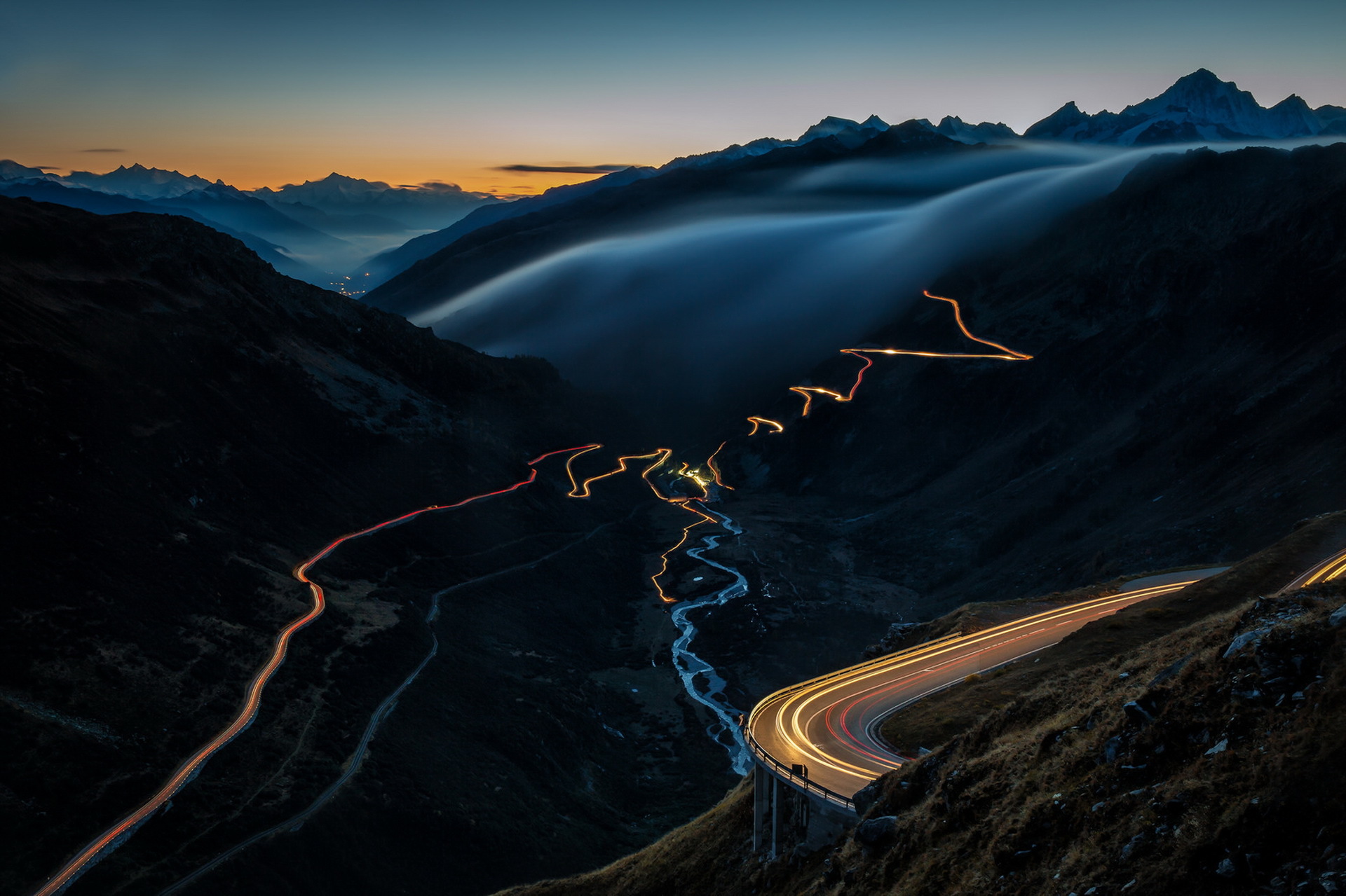 Free download wallpaper Night, Mountain, Road, Fog, Photography, Time Lapse on your PC desktop