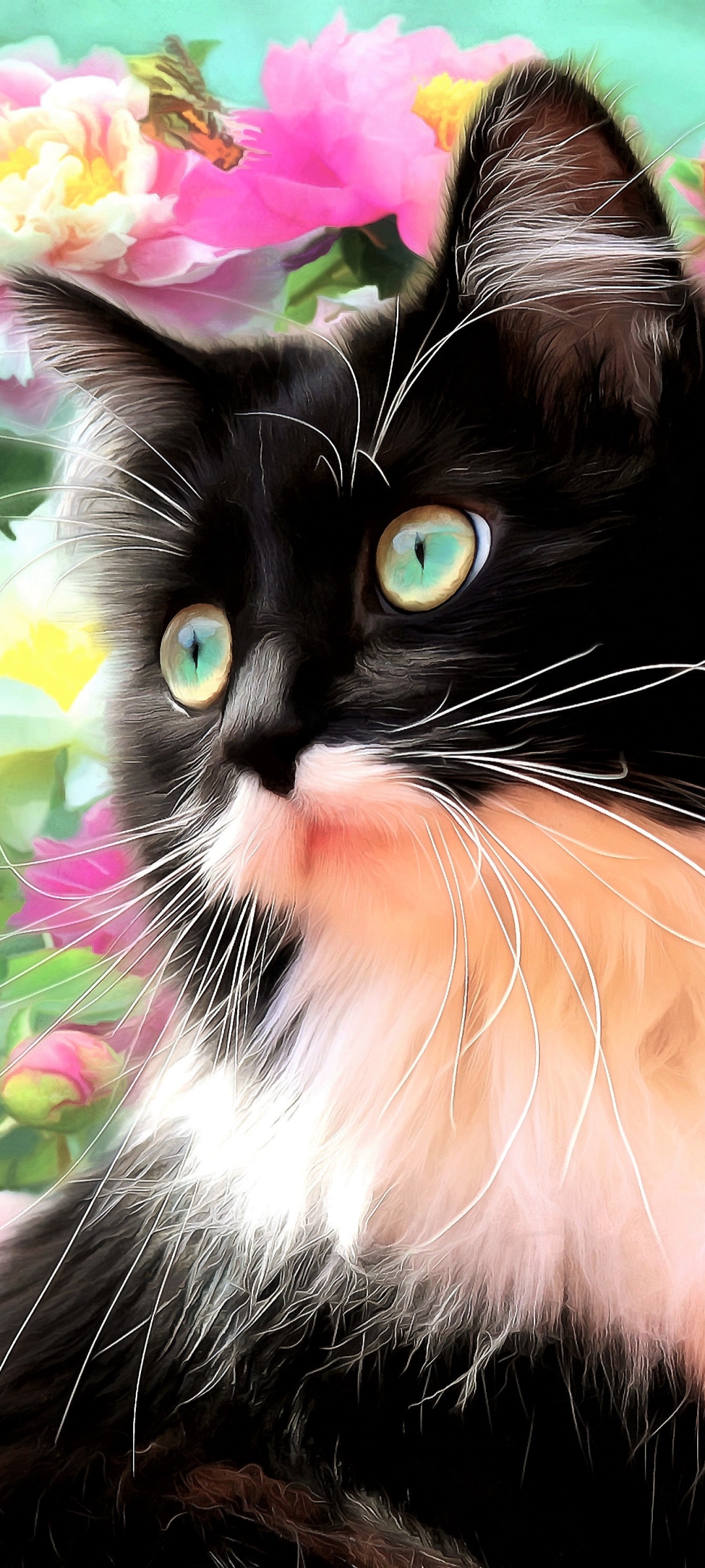 Descarga gratuita de fondo de pantalla para móvil de Gato, Pintura, Mariposa, Artístico.